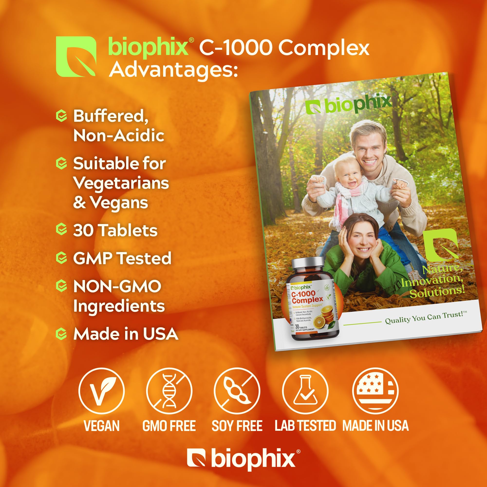 biophix Vitamin C 1000mg Supplement side view with ingredients