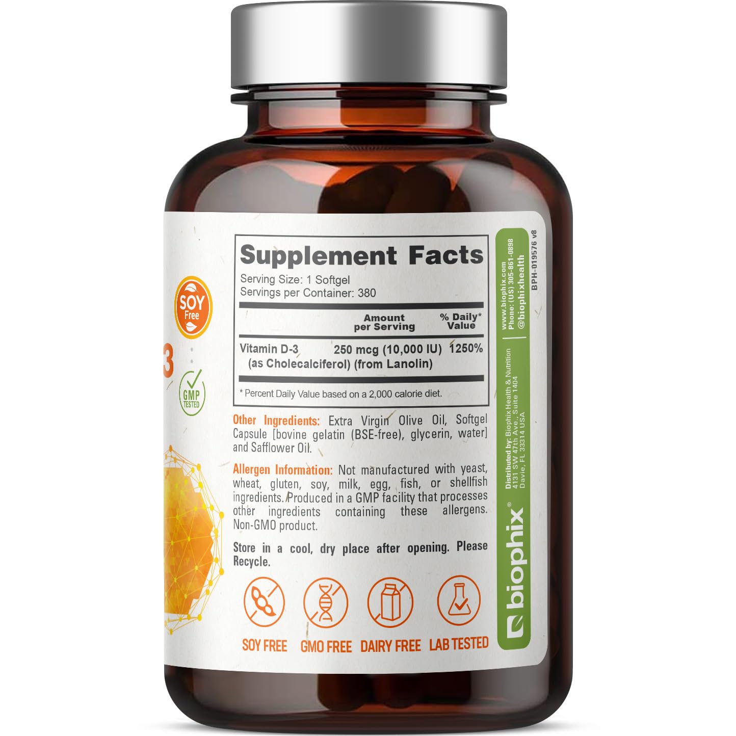 biophix Vitamin D-3 Softgels 2000 IU back view with nutritional information