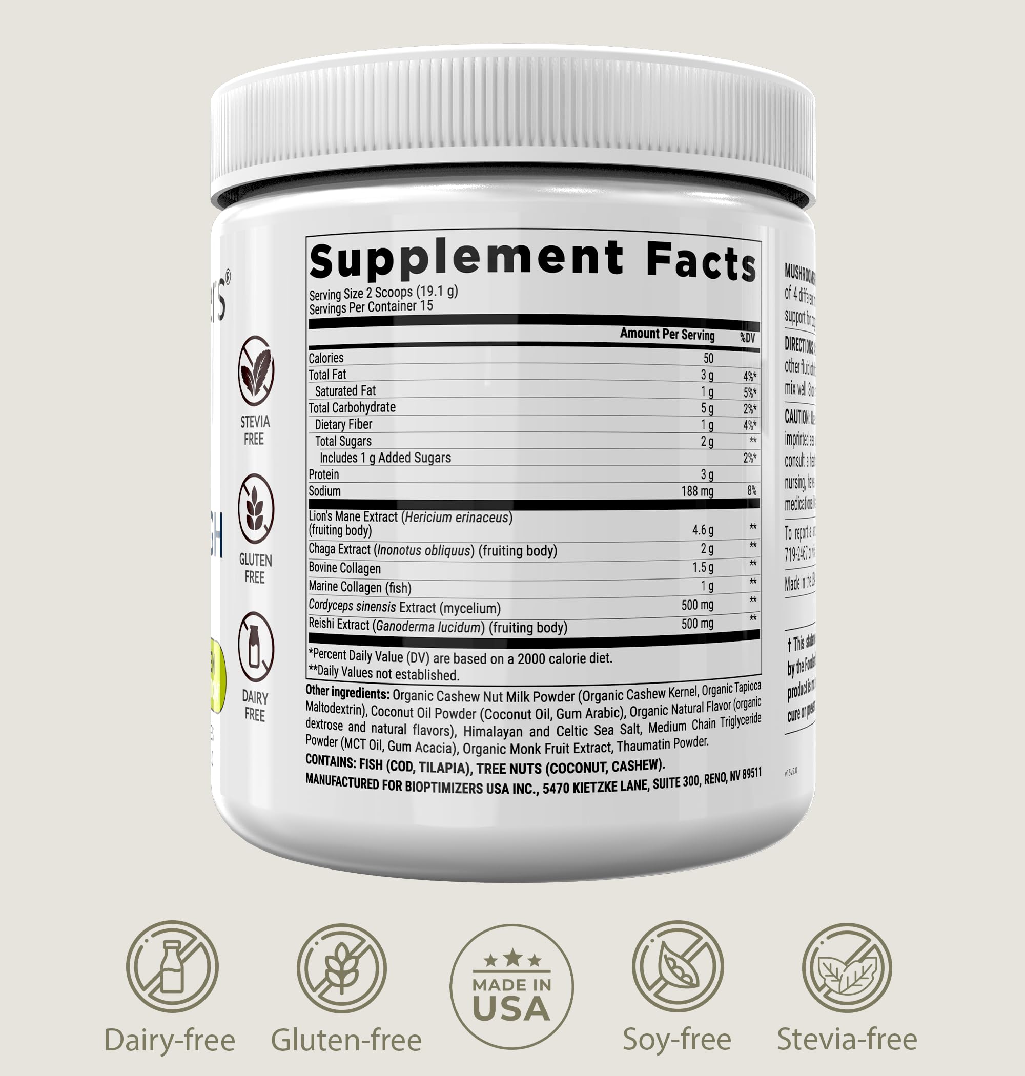 BIOptimizers Mushroom Coffee Alternative nutritional information label