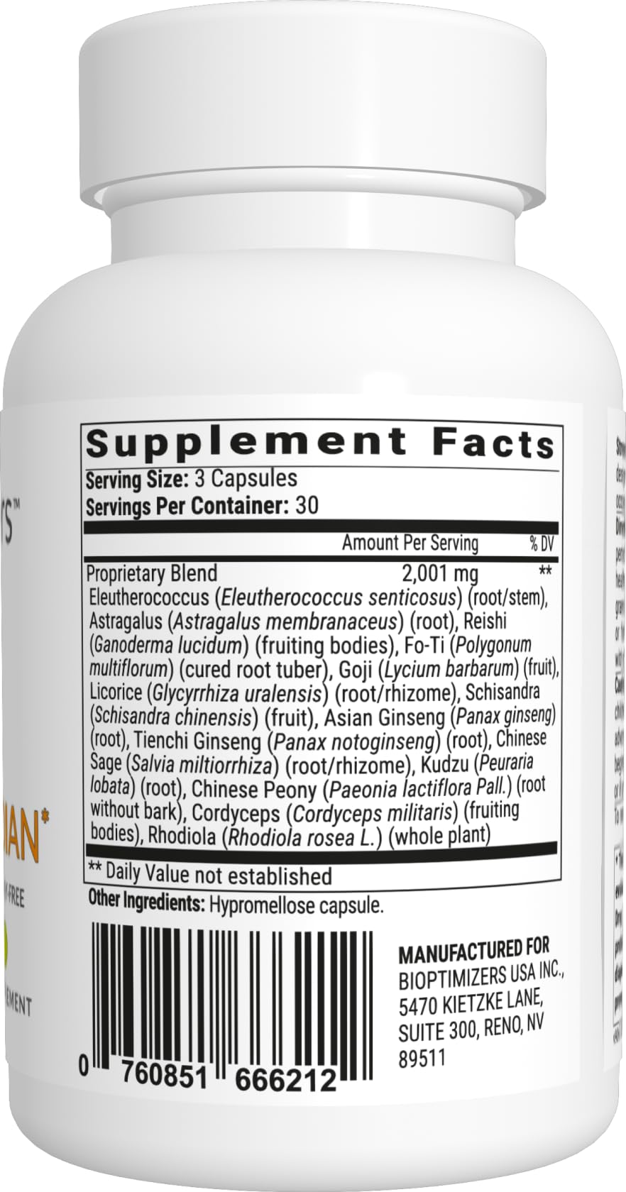 BIOptimizers Stress Guardian supplement side view showing capsule details