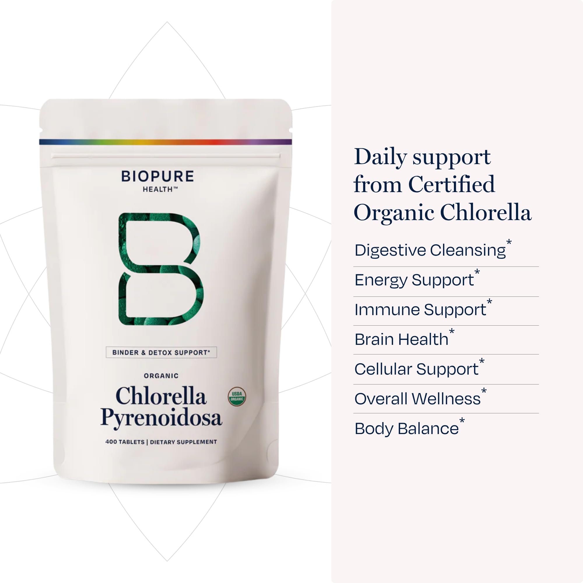 BioPure Chlorella Chewable Tablets displayed with other supplements