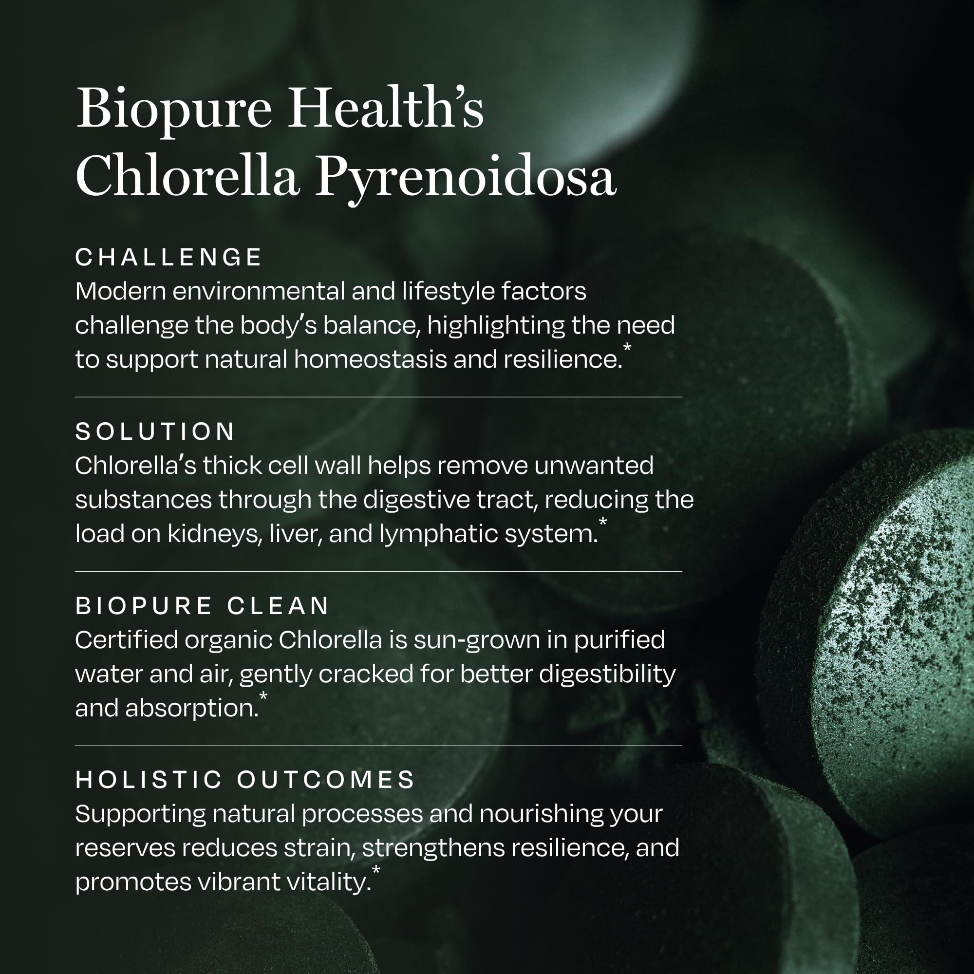 BioPure Chlorella Chewable Tablets on a wooden table