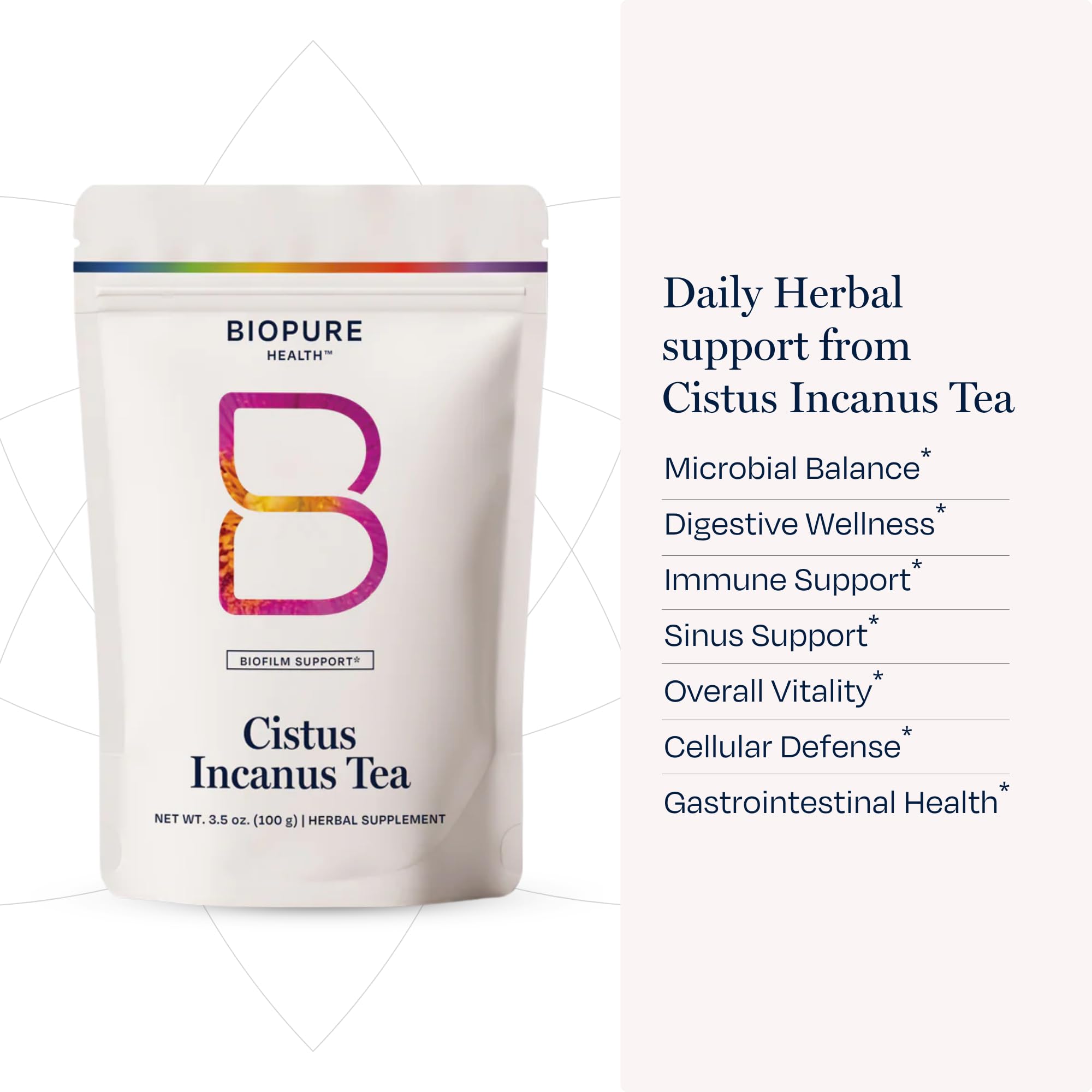 BioPure Green Tea Herbal Supplement 100g on a wooden table