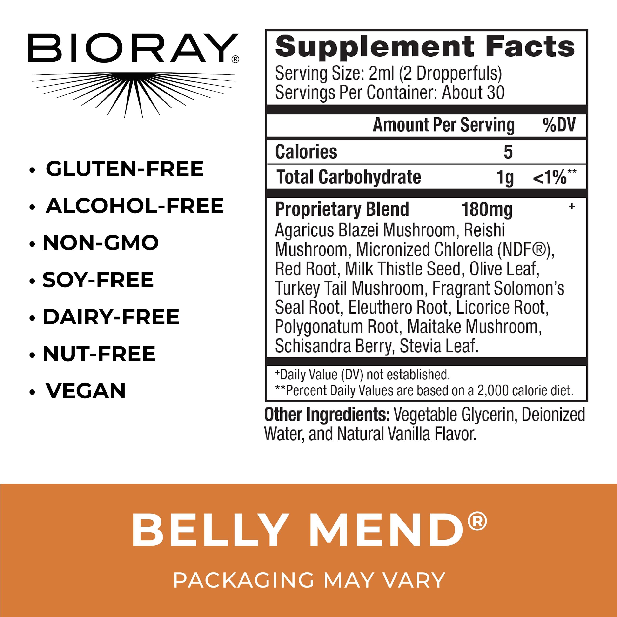 BIORAY Daily Belly Mend Probiotic Supplement nutritional information