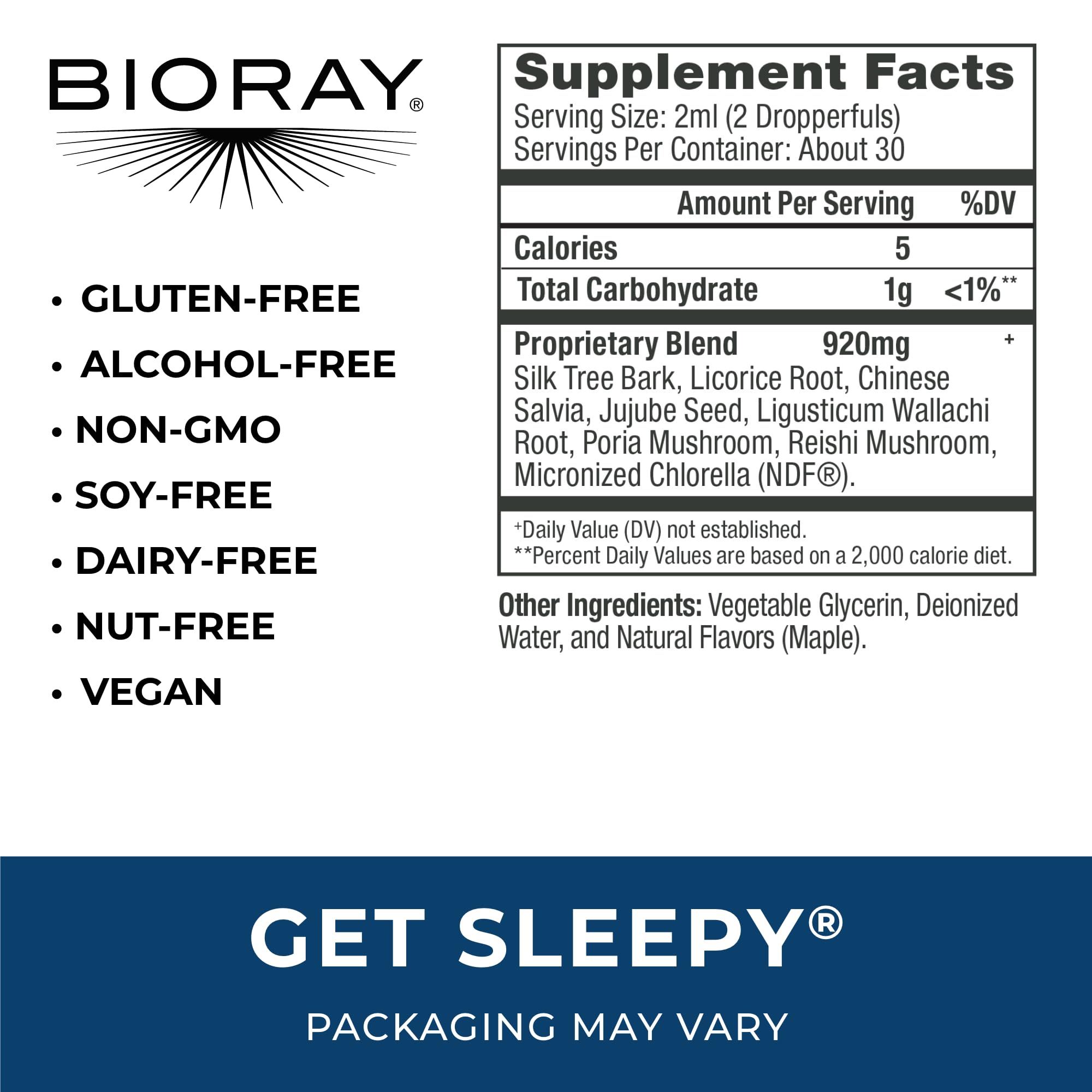 BIORAY Daily Get Sleepy 2 fl oz side view showing label details