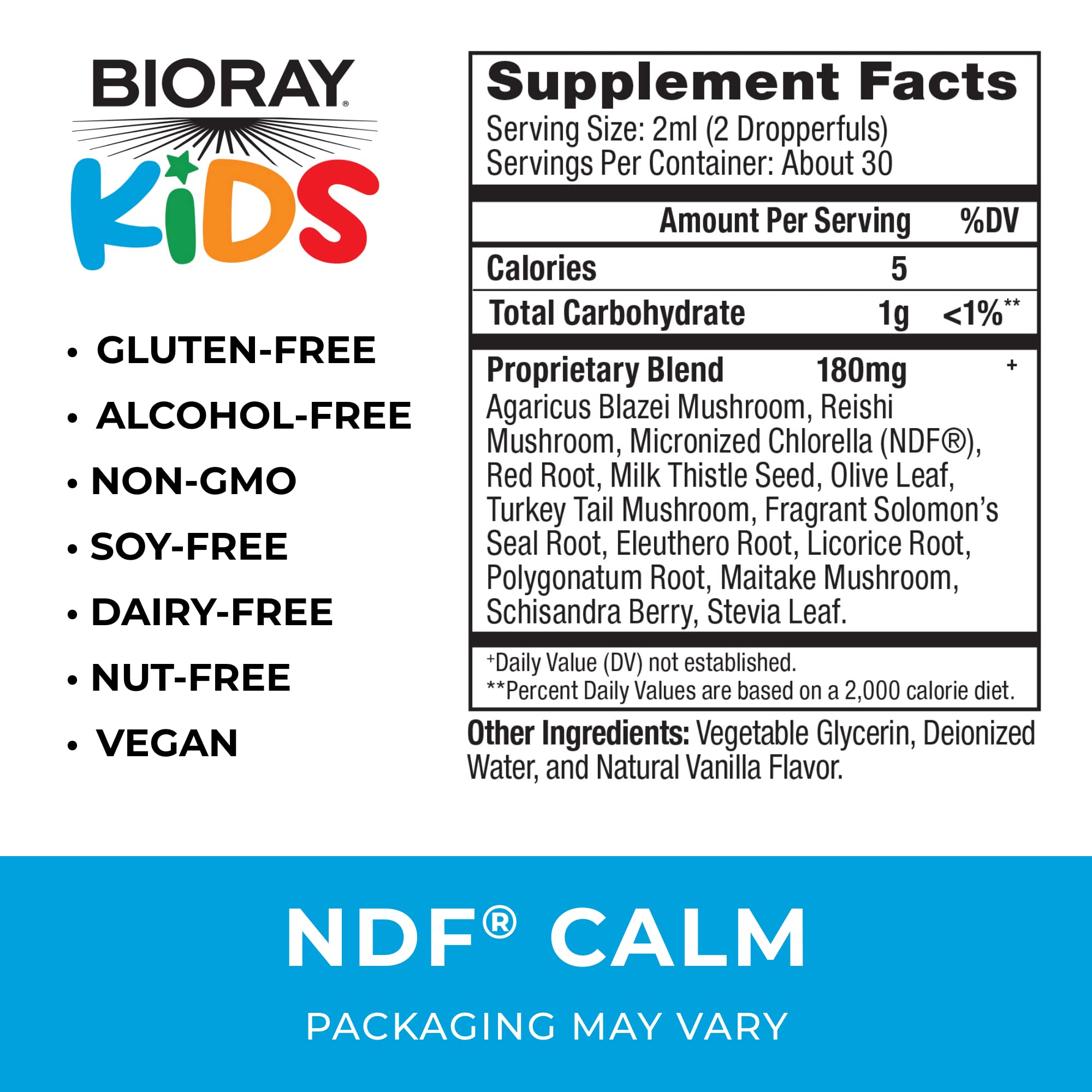 BIORAY Kids NDF Calm Herbal Supplement side view showing ingredients