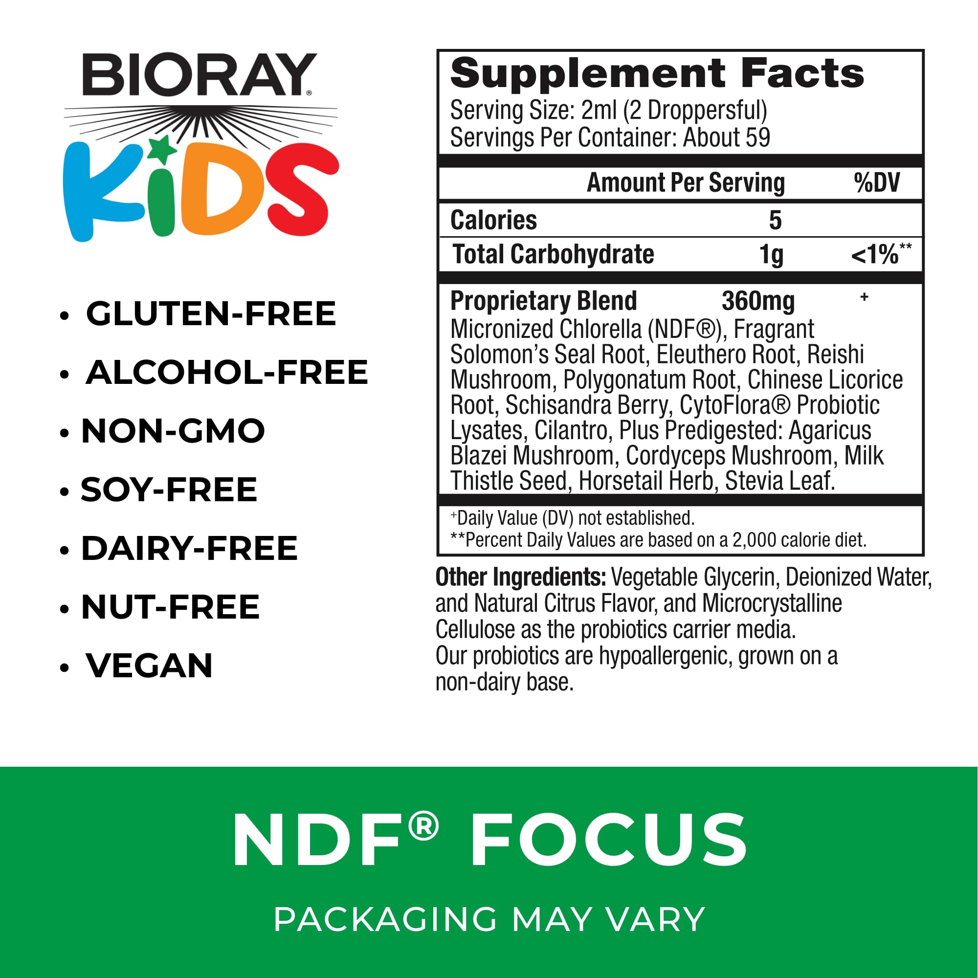 BIORAY Kids NDF Focus supplement bottle with label