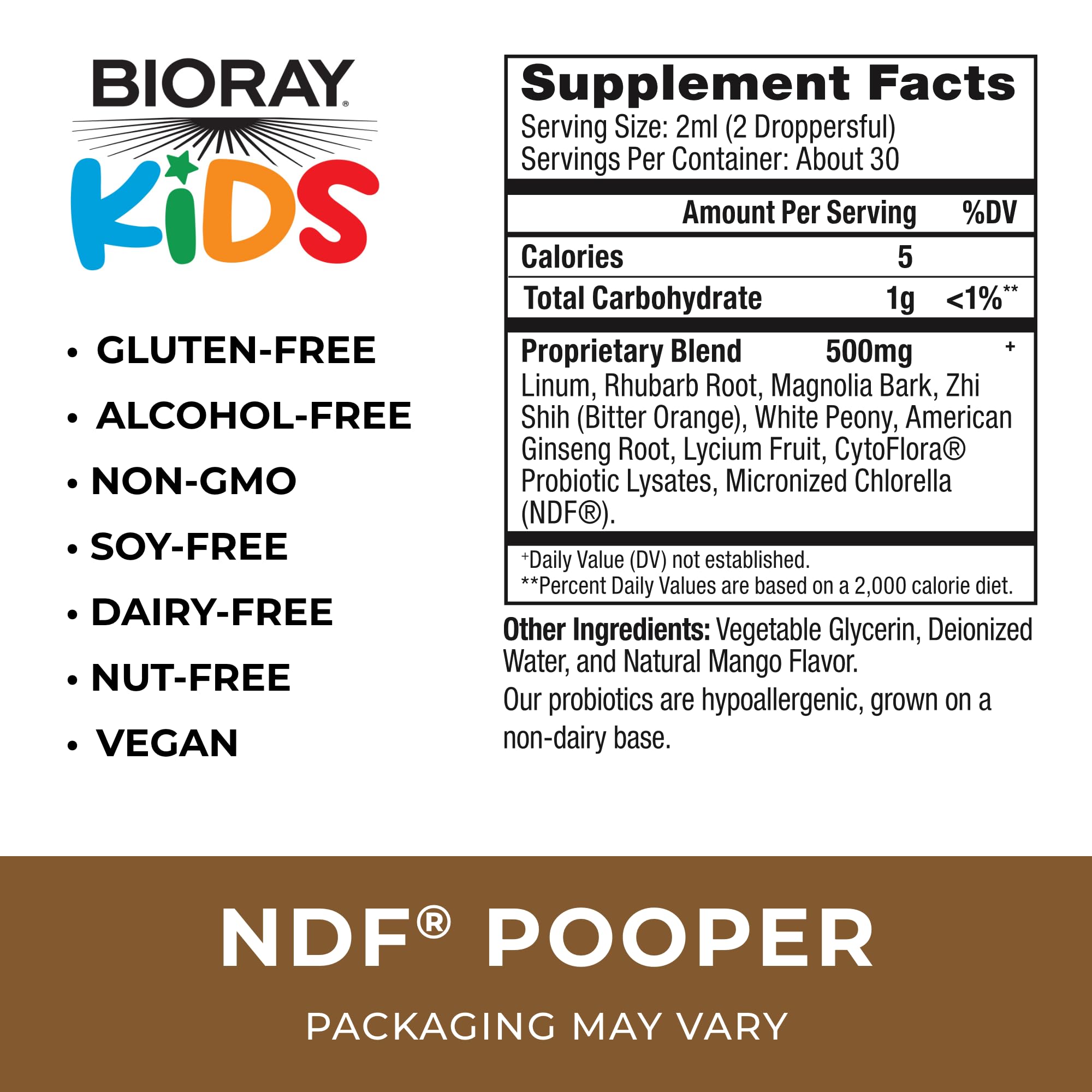 BIORAY Kids NDF Pooper ingredients list on the bottle