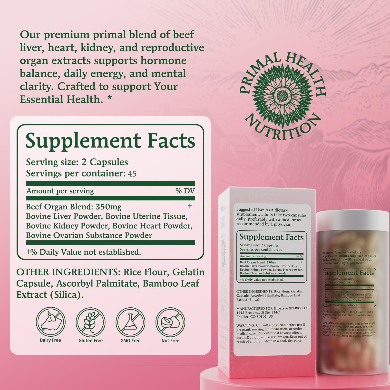 Biorizvo Beef Organ Supplement bottle with a plant background