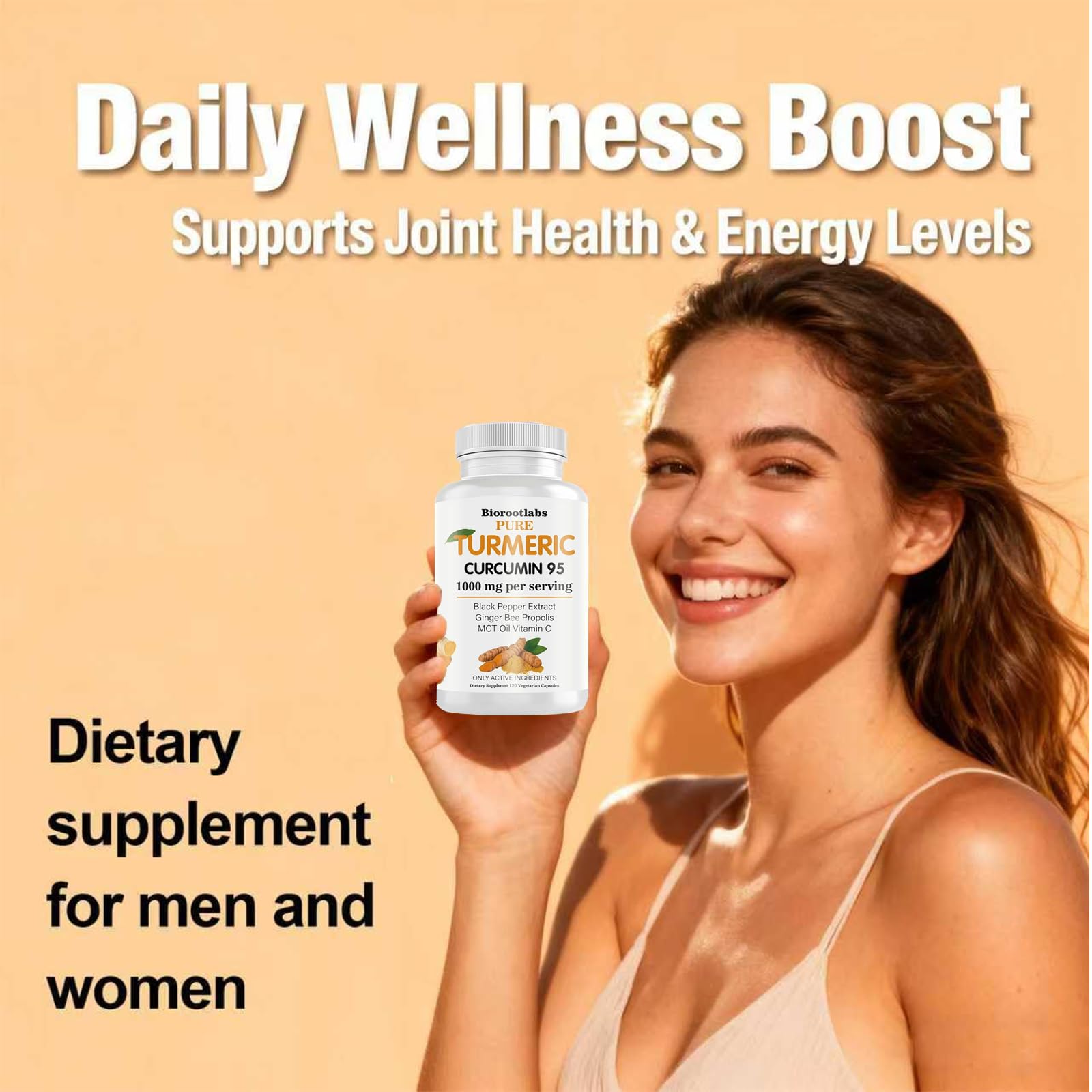 Biorootlabs Turmeric Capsules lifestyle scene with a glass of water