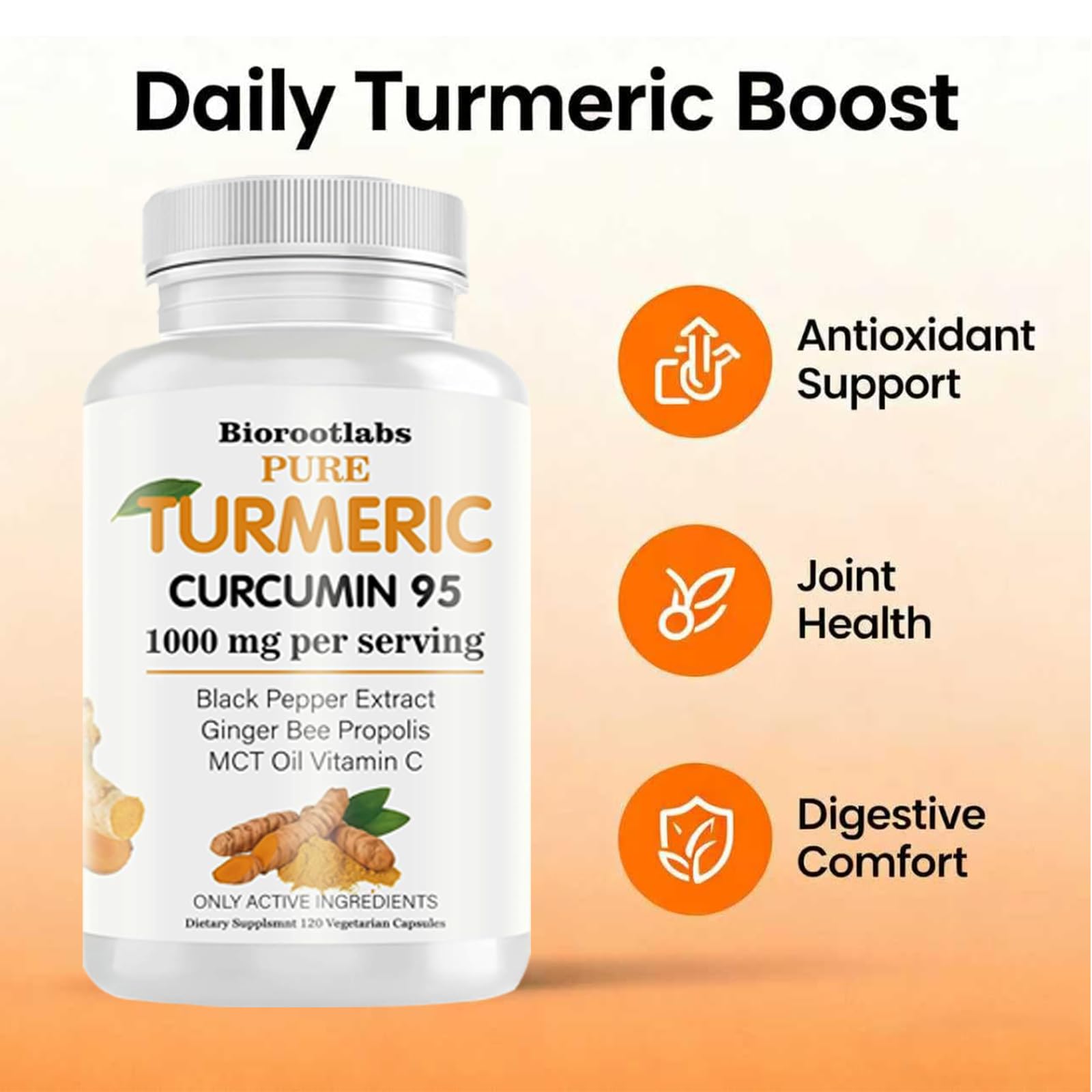 Biorootlabs Turmeric Capsules side view showing ingredient list