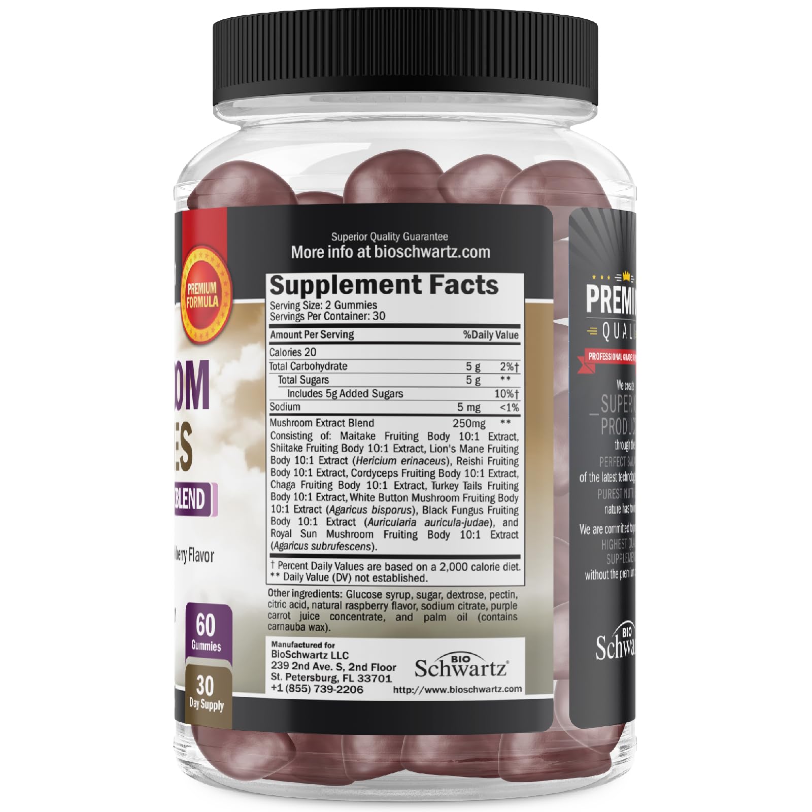 BioSchwartz 10-in-1 Mushroom Gummies close-up of wild raspberry flavour