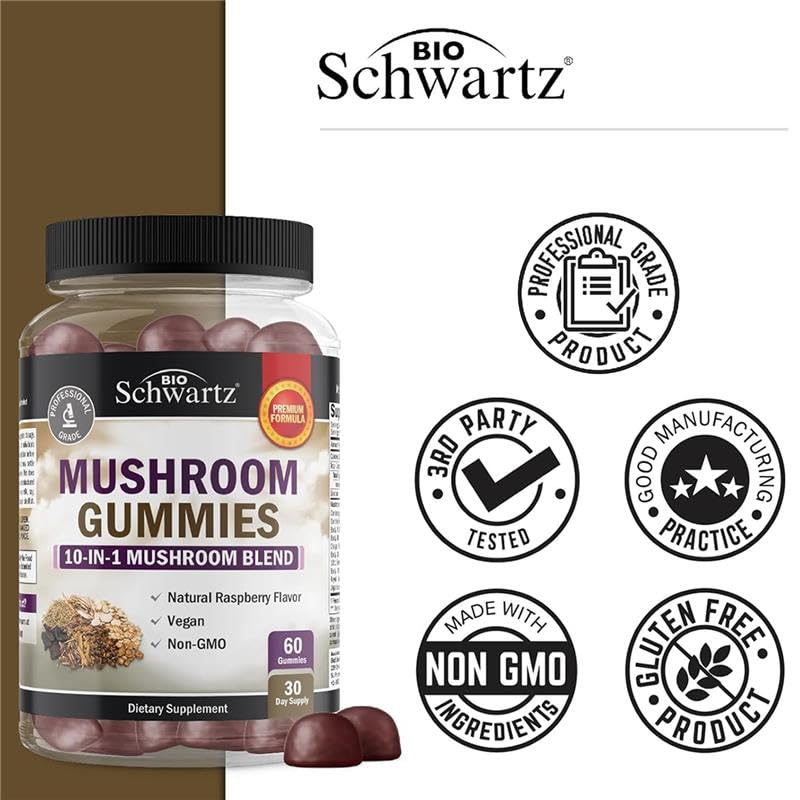 BioSchwartz 10-in-1 Mushroom Gummies on a wooden table