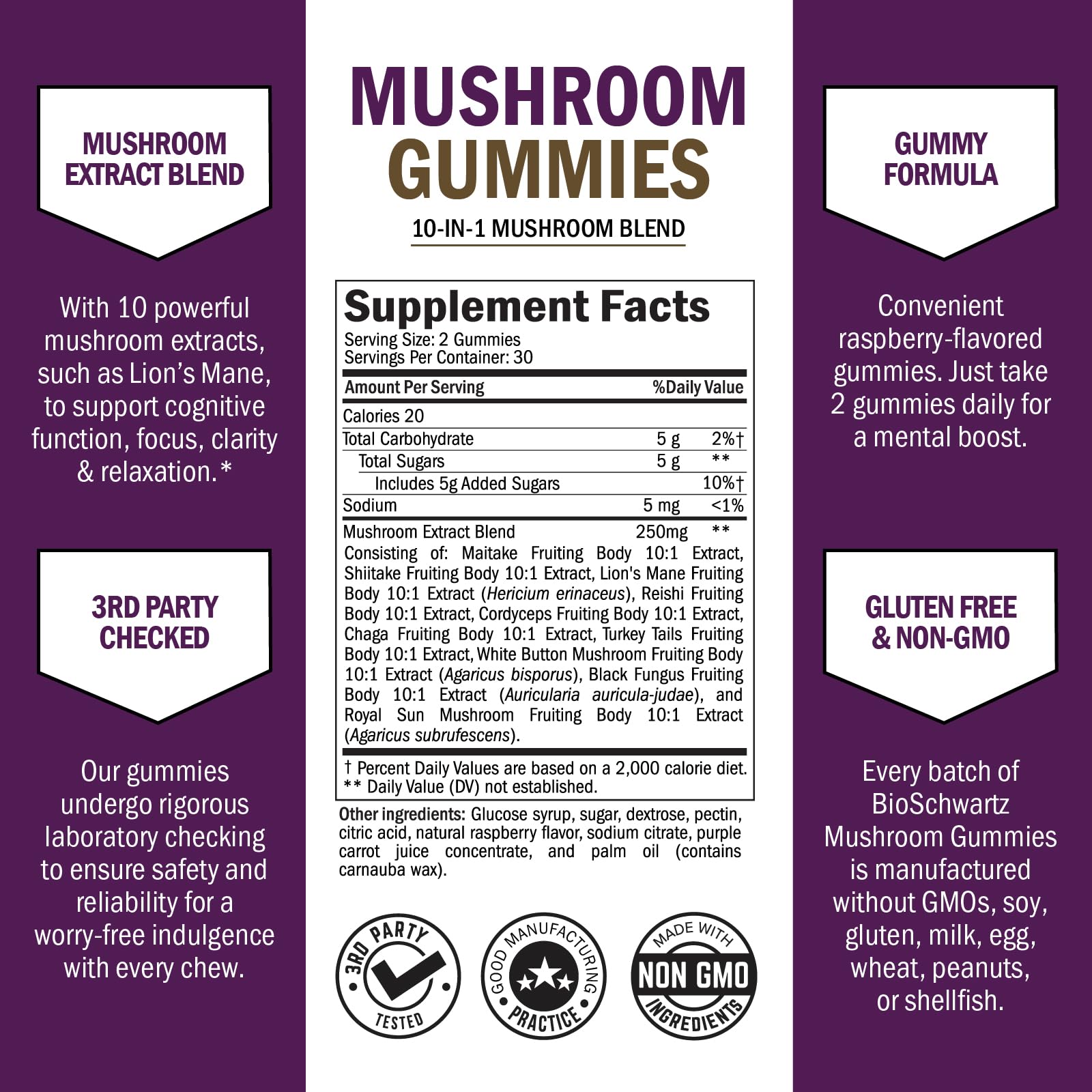 BioSchwartz 10-in-1 Mushroom Gummies side view with wild raspberry flavour