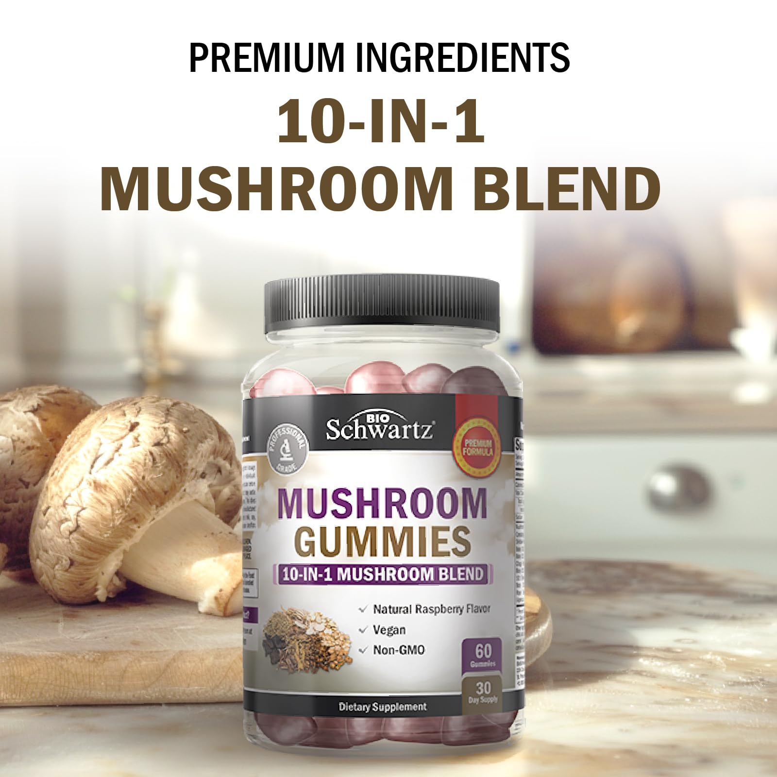 BioSchwartz 10-in-1 Mushroom Gummies with a few gummies scattered