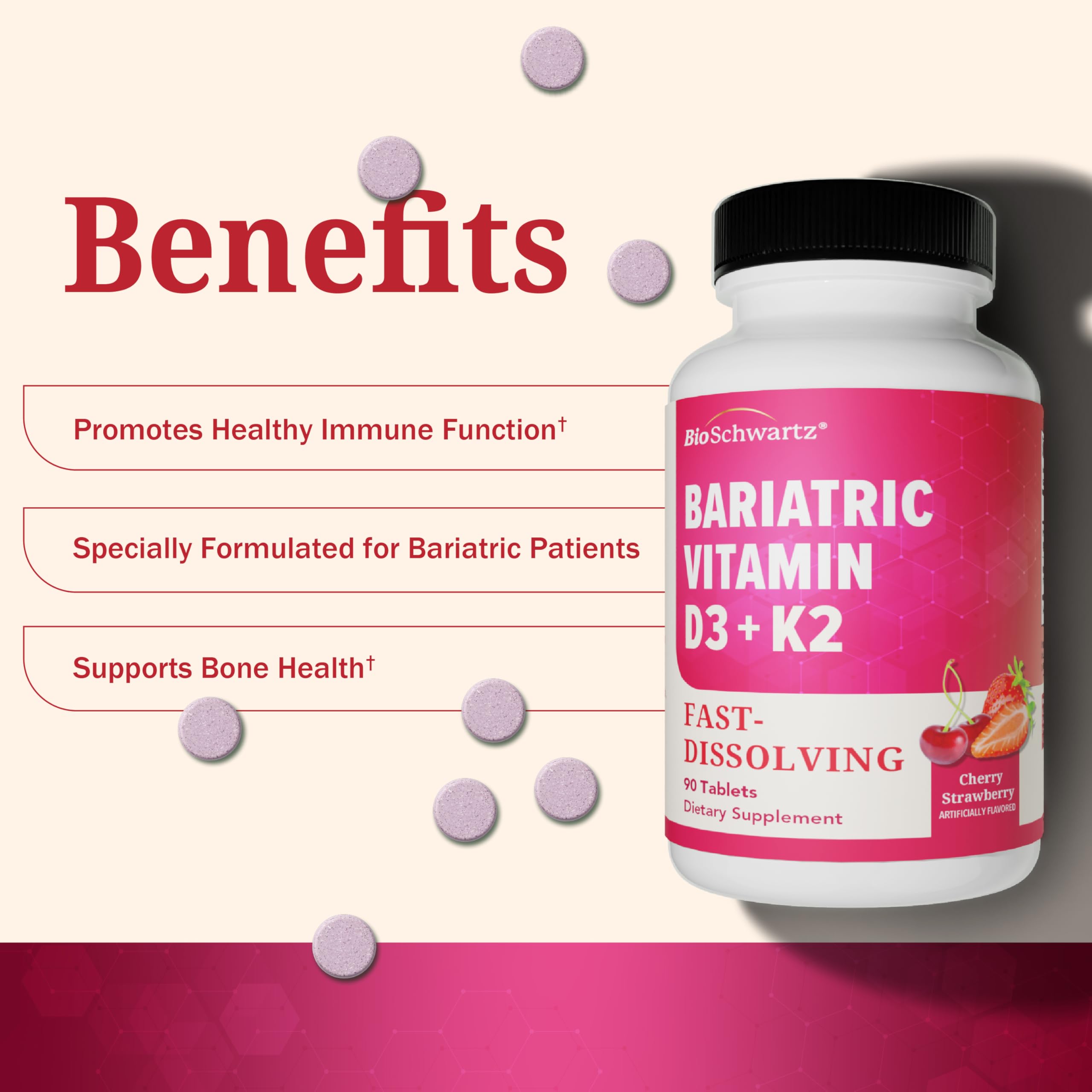 BioSchwartz Bariatric D3 + K2 tablets back view with ingredients