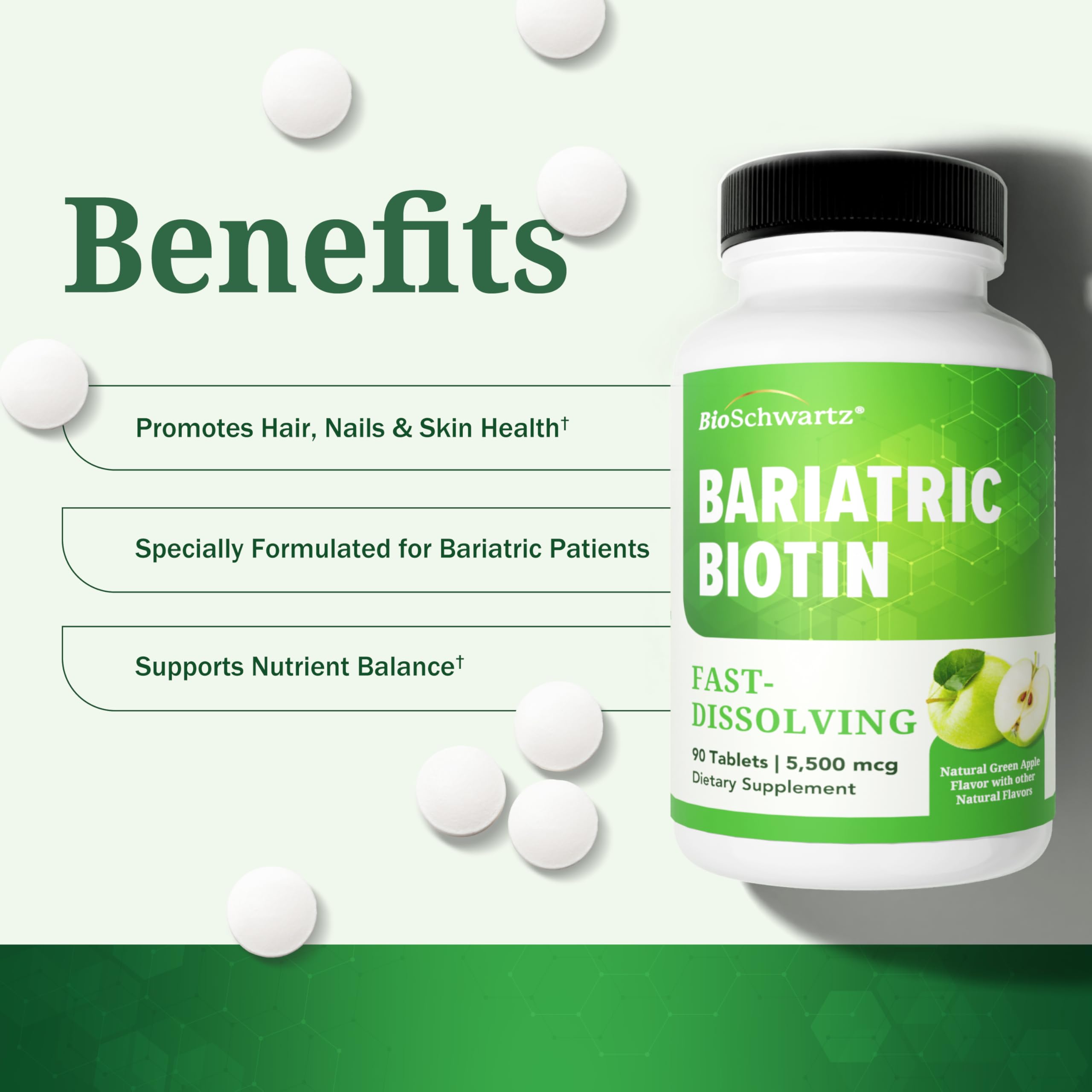 BioSchwartz Biotin Supplement 5500mcg green apple flavour chewable tablet