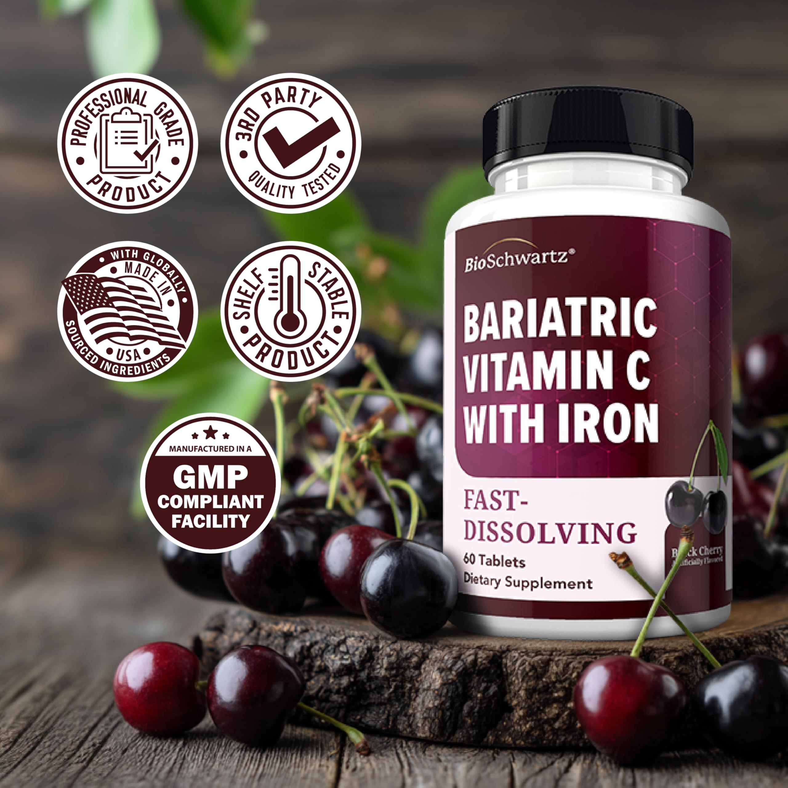 BioSchwartz Chewable Iron & Vitamin C Tablets with a glass of water