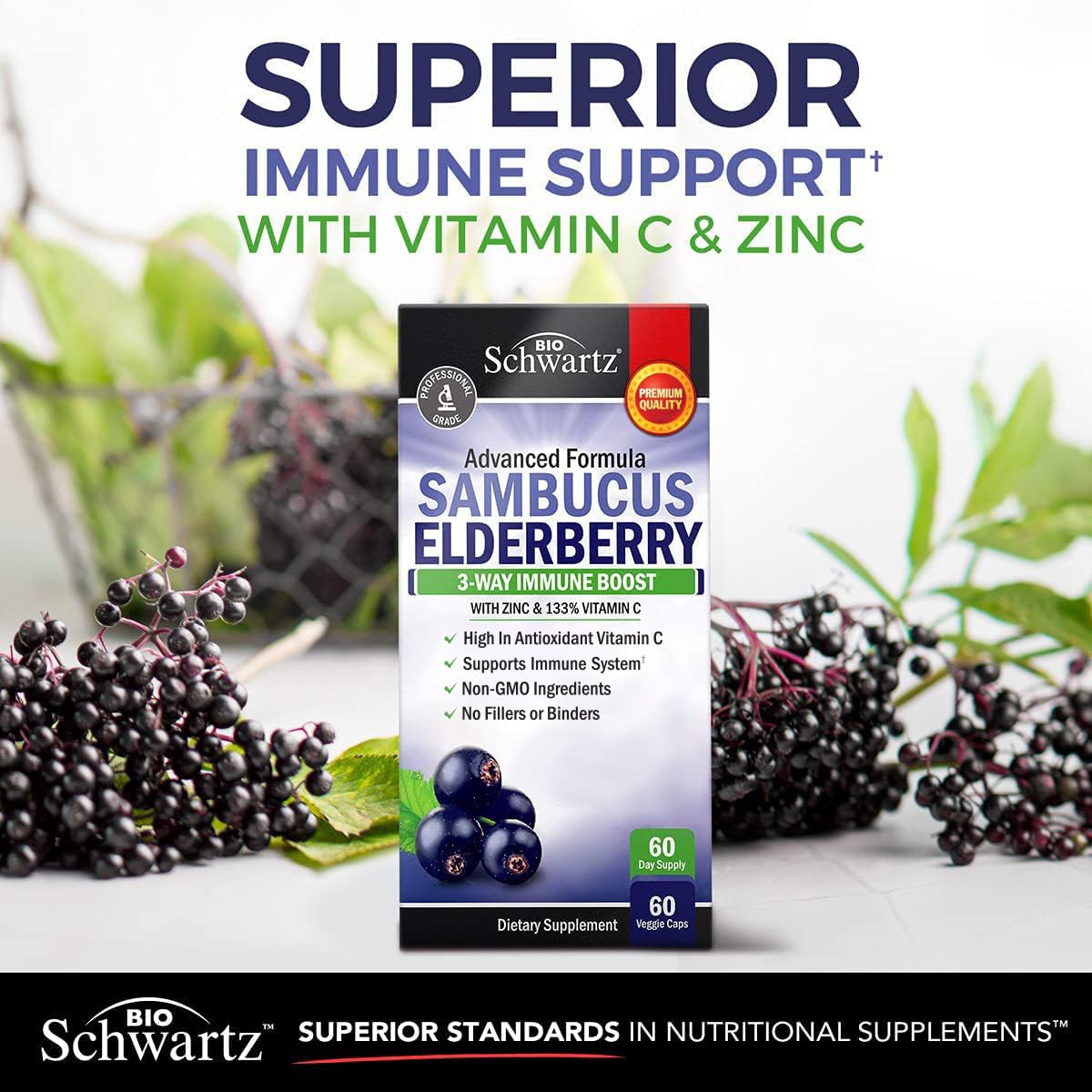 BioSchwartz Elderberry Capsules 500mg on wooden table