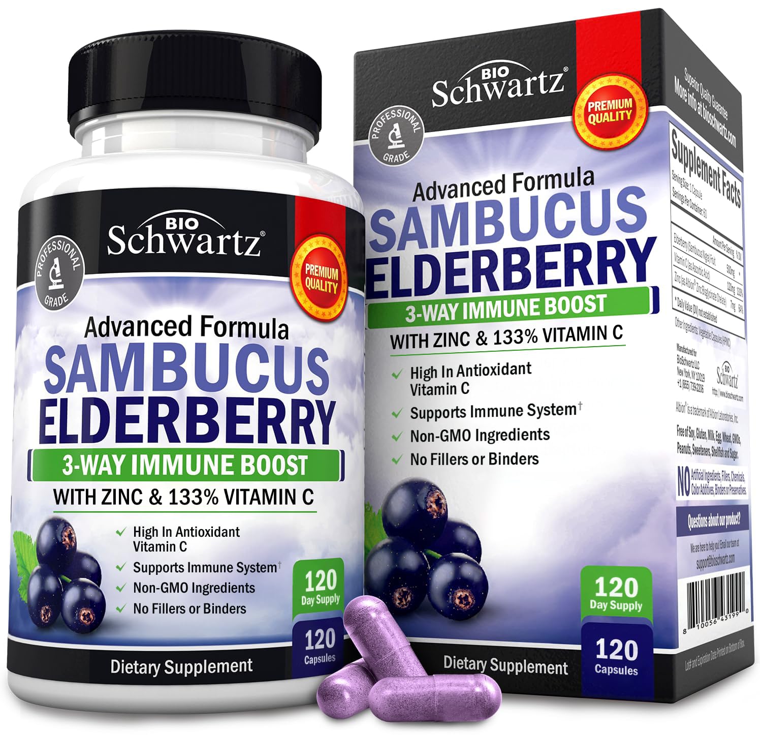 BioSchwartz Elderberry Supplement 120 Veggie Capsules front view