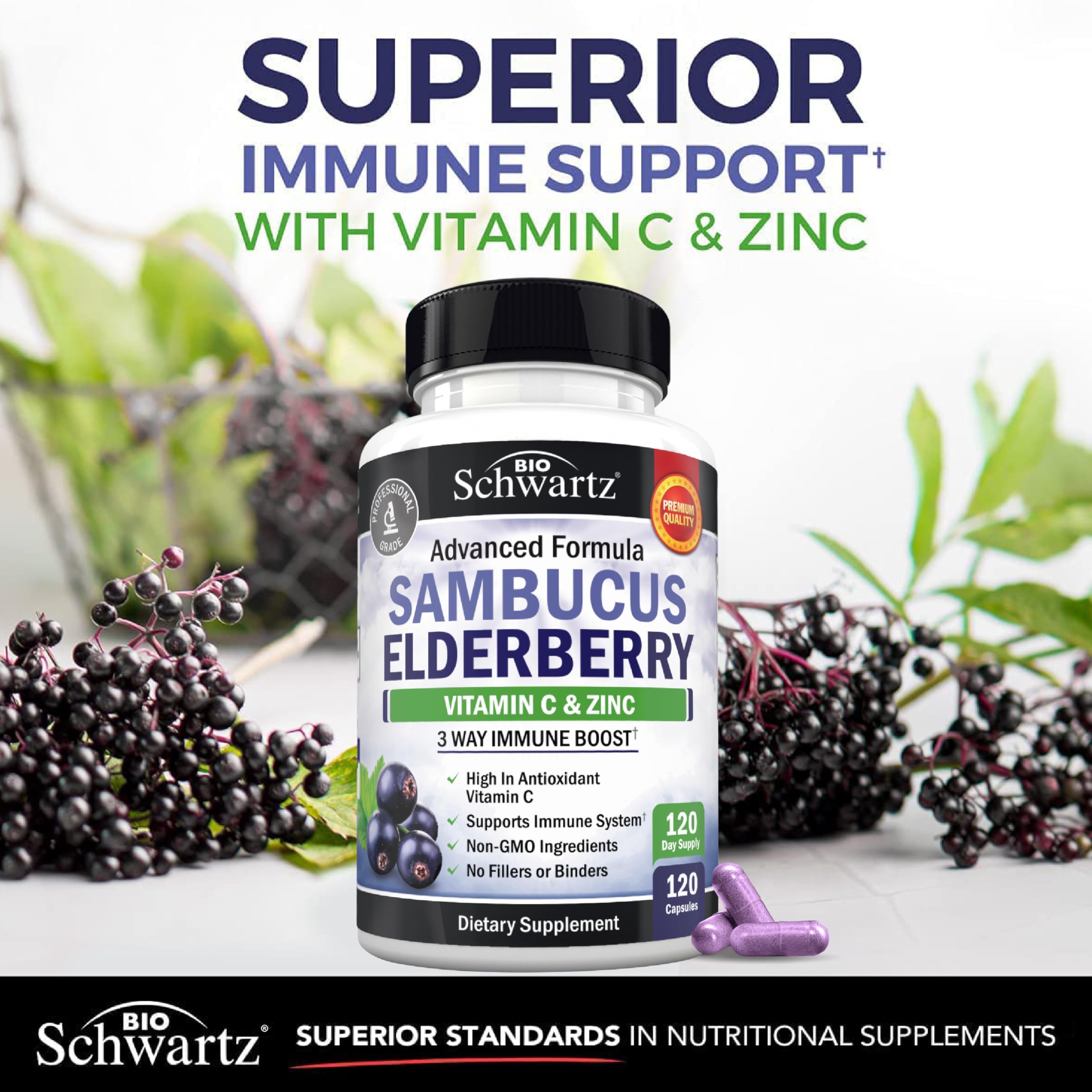 BioSchwartz Elderberry Supplement capsules on a table