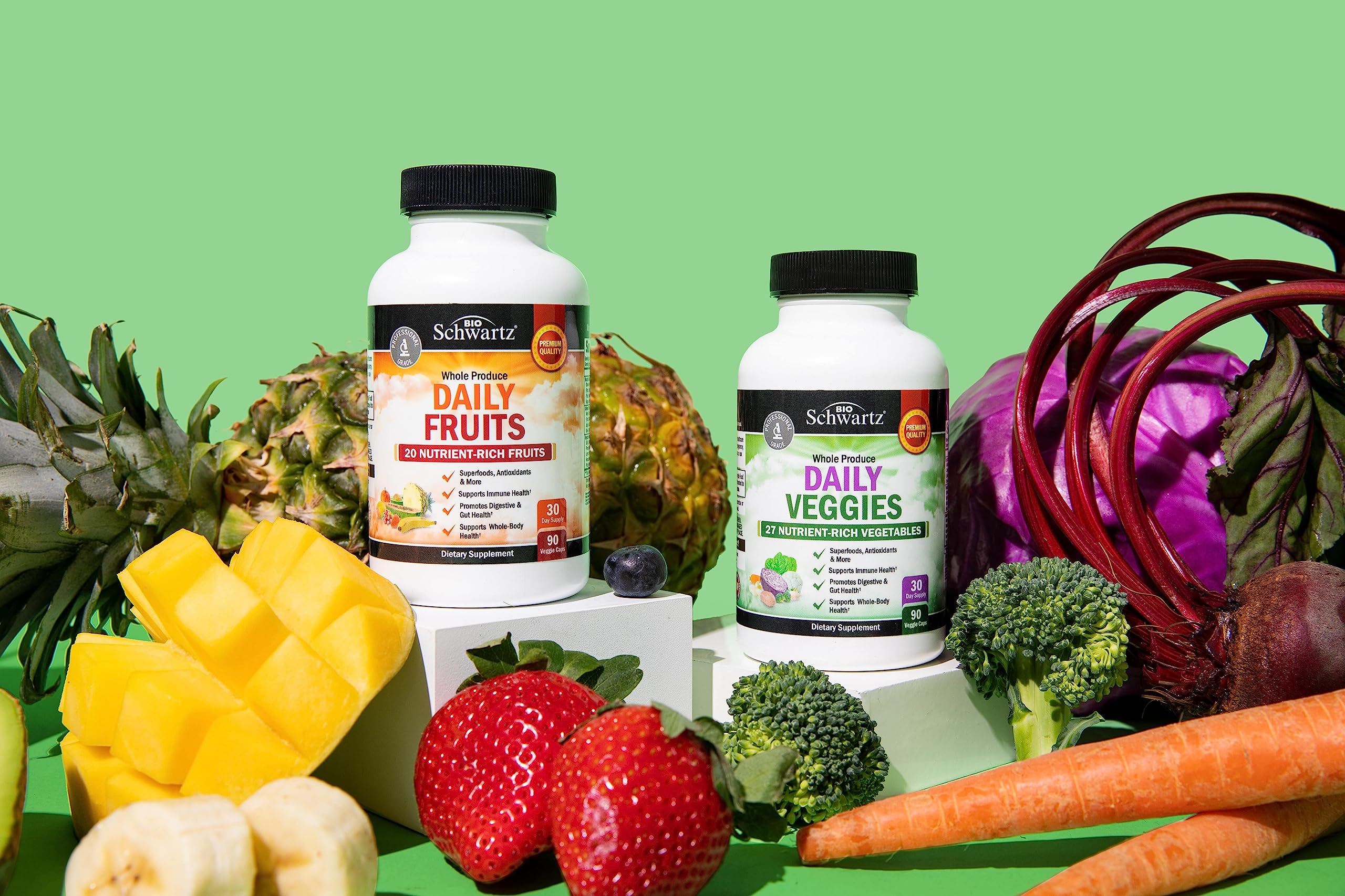 BioSchwartz Fruit and Veggie Supplement 200g capsules in a glass