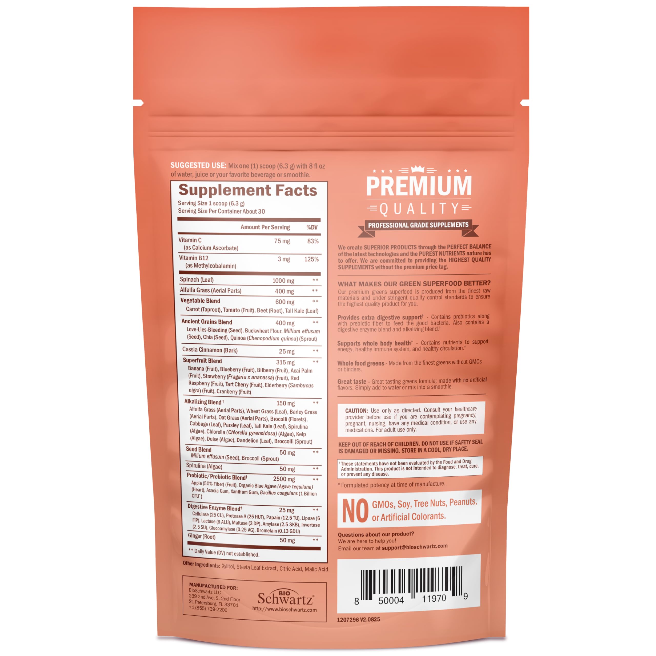 BioSchwartz Greens Superfood Powder 190g on a wooden table