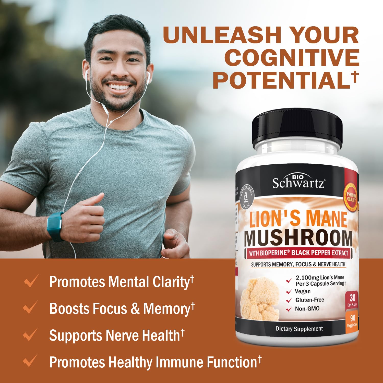 BioSchwartz Lion's Mane Mushroom Supplement 2100mg capsule close-up