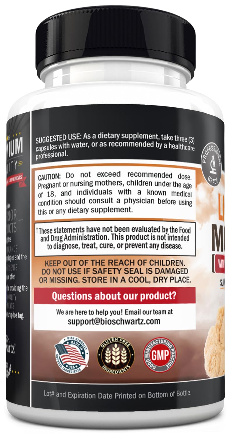 BioSchwartz Lion's Mane Mushroom Supplement 2100mg on a wooden table