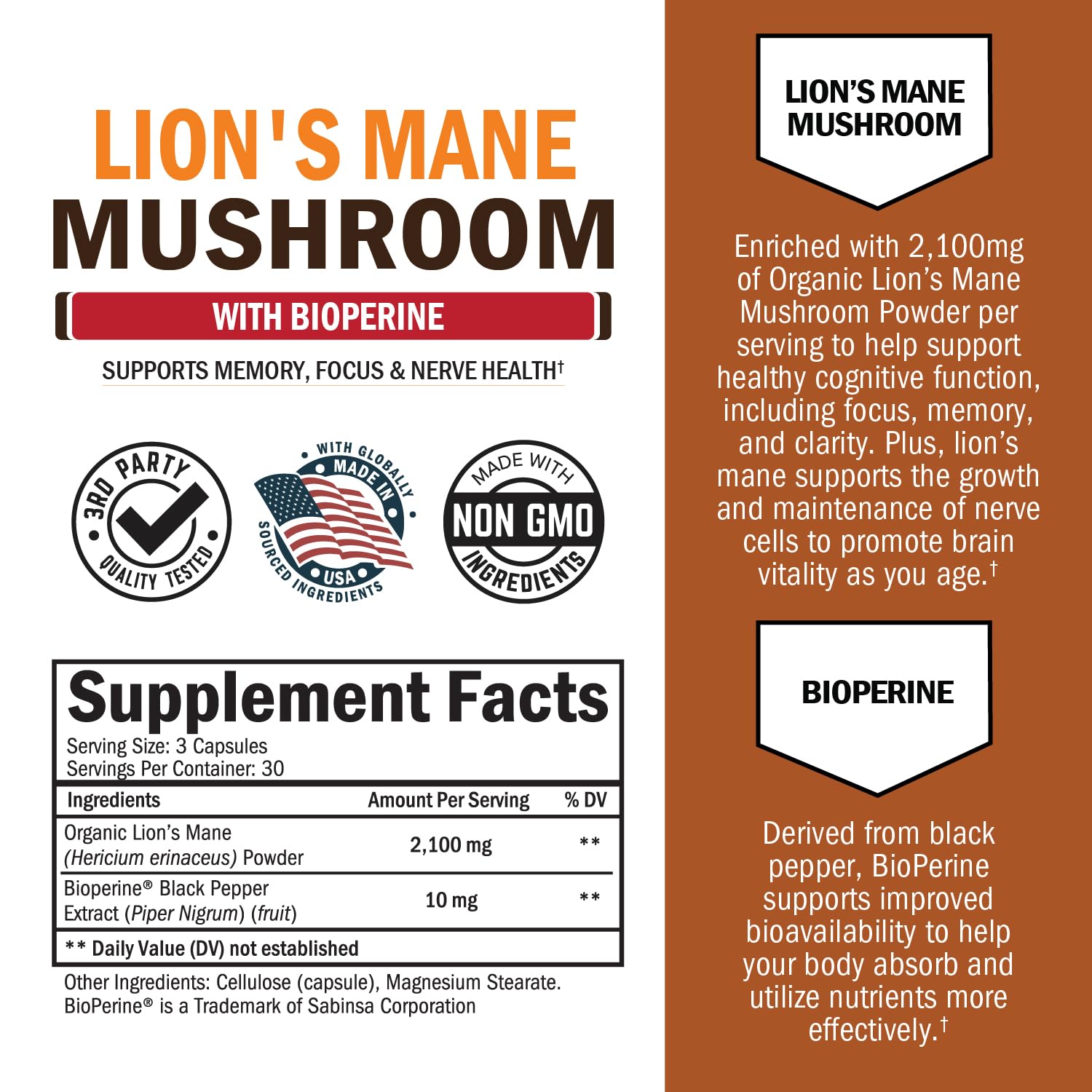 BioSchwartz Lion's Mane Mushroom Supplement 2100mg side view