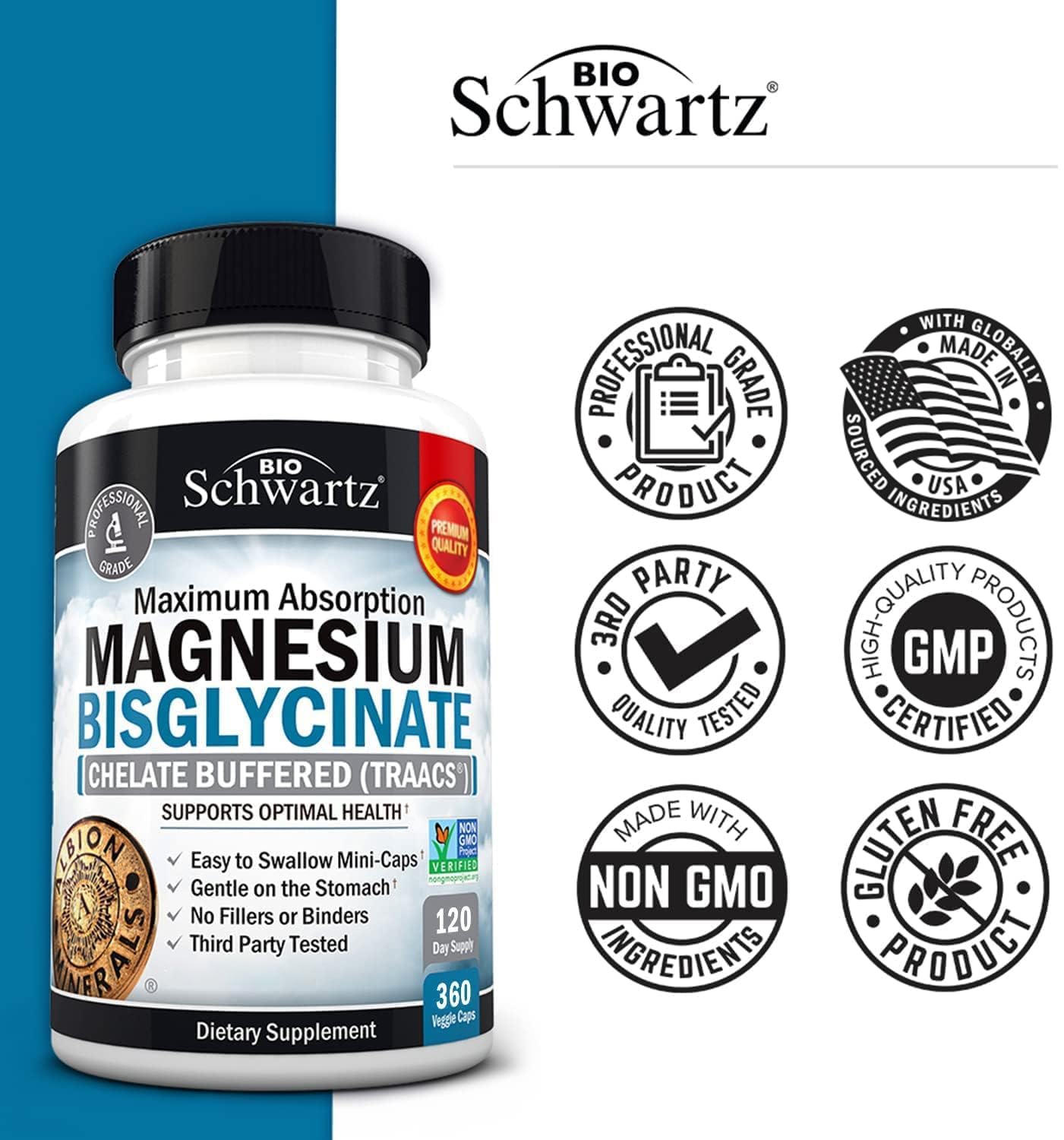 BioSchwartz Magnesium Bisglycinate 360 mini capsules close-up of capsules