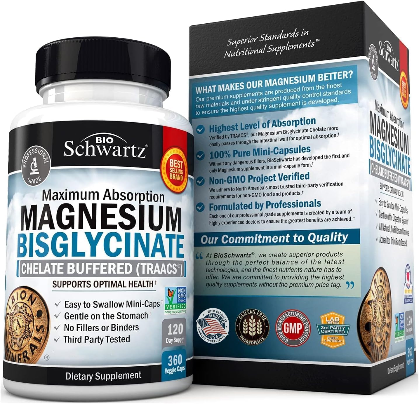 BioSchwartz Magnesium Bisglycinate 360 mini capsules on a wooden table