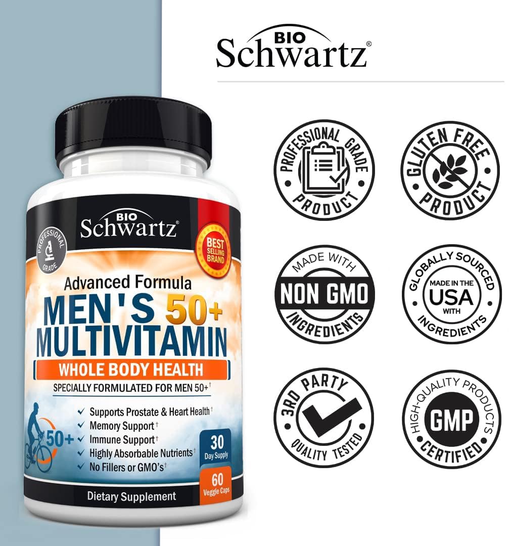 BioSchwartz Men's 50+ Multivitamin Capsules on a wooden table