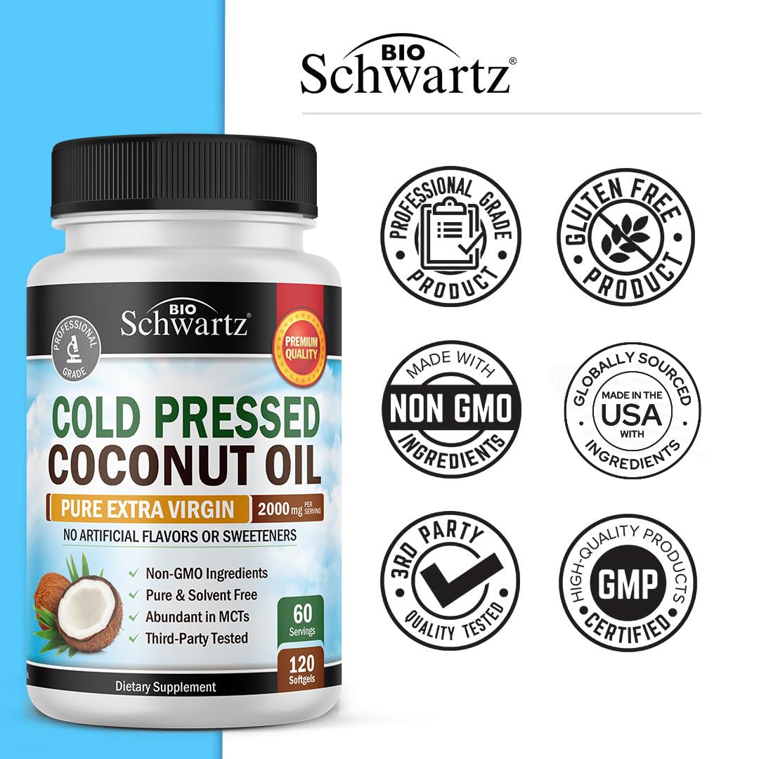 BioSchwartz Organic Coconut Oil Softgels with coconut background