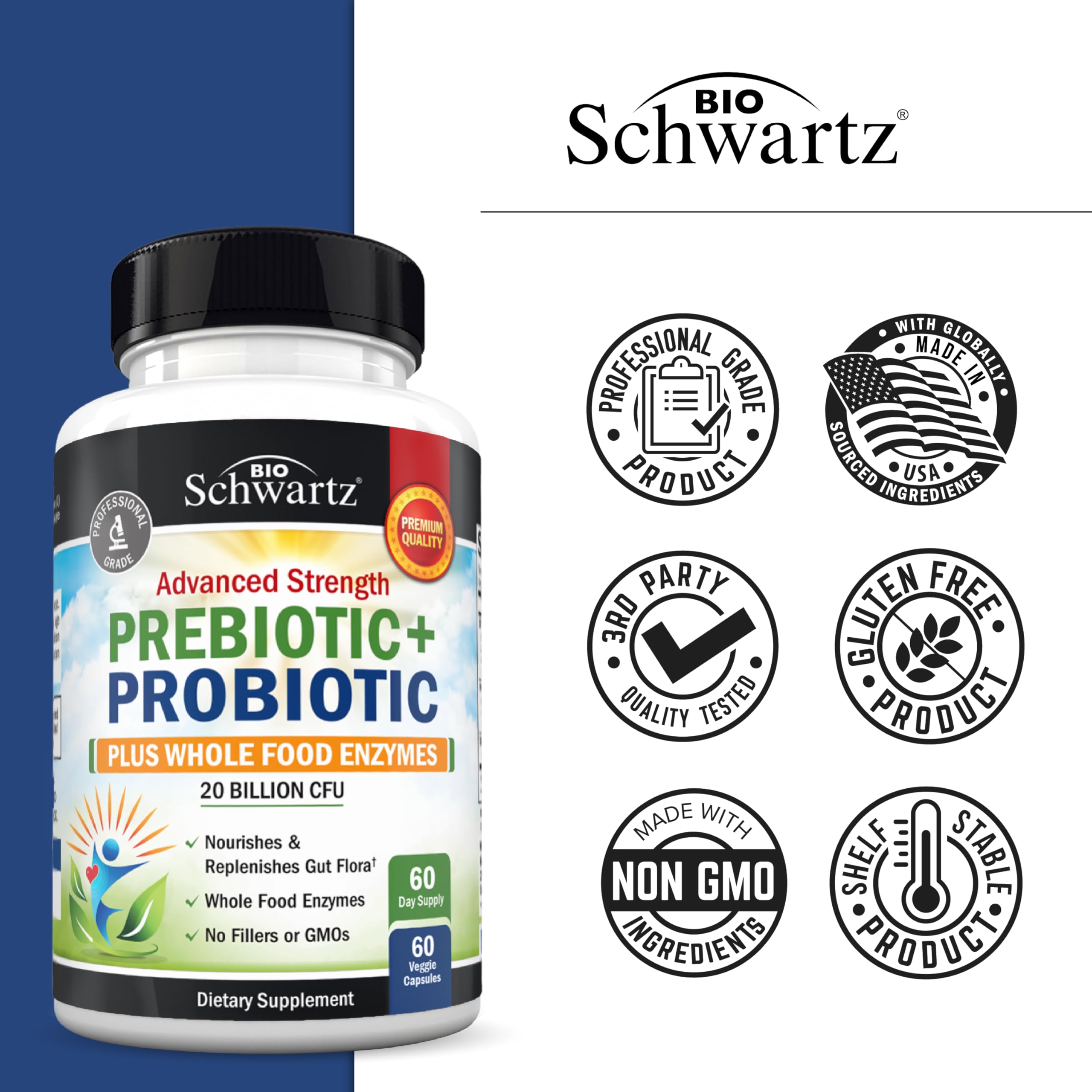 BioSchwartz Probiotic and Prebiotic Supplement on a wooden table