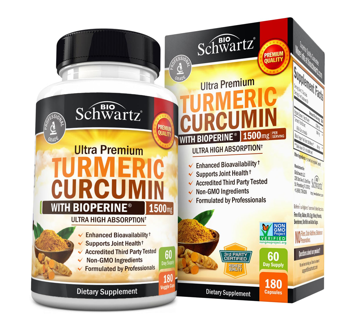 BioSchwartz Turmeric Curcumin 1500mg capsules front view
