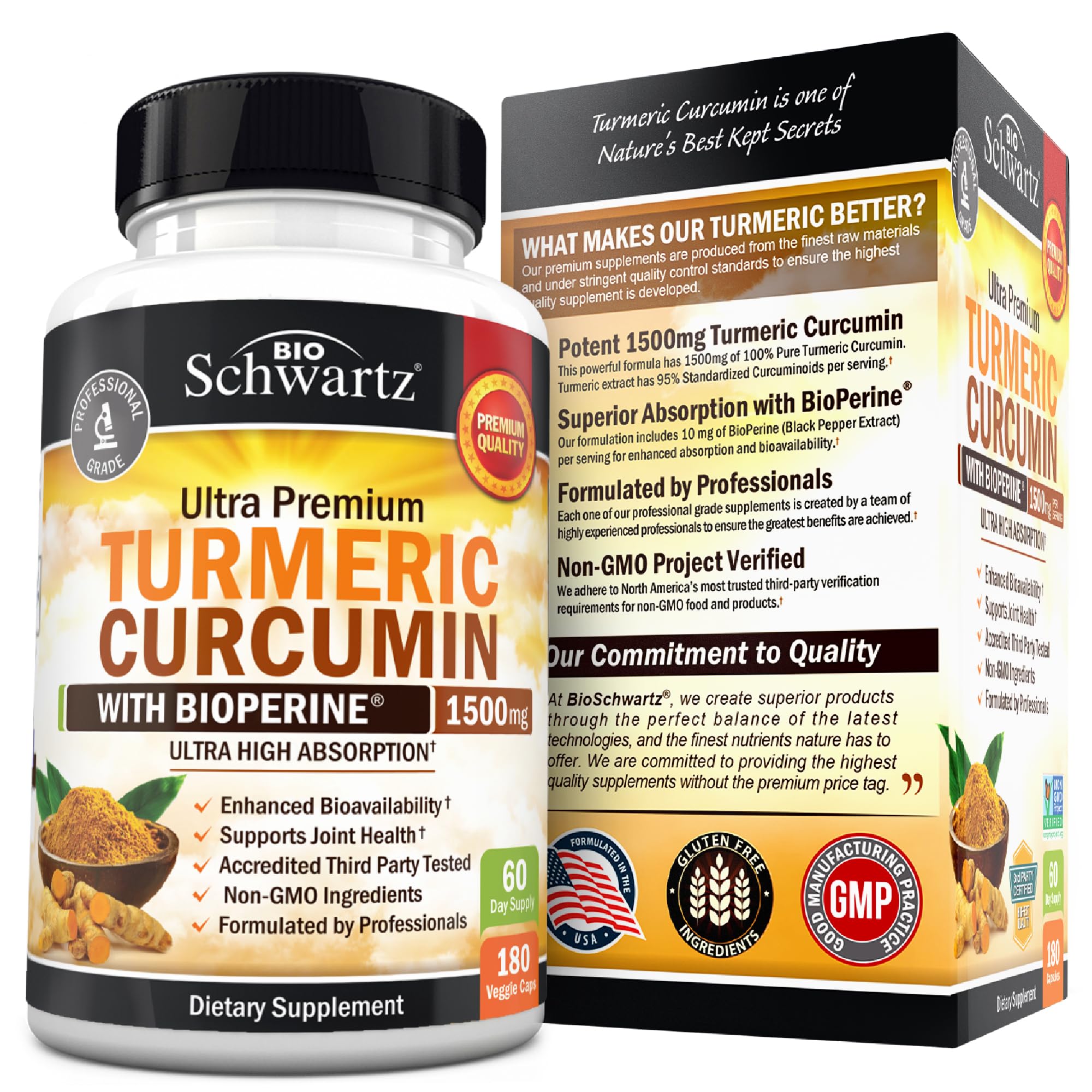 BioSchwartz Turmeric Curcumin 1500mg capsules on wooden table