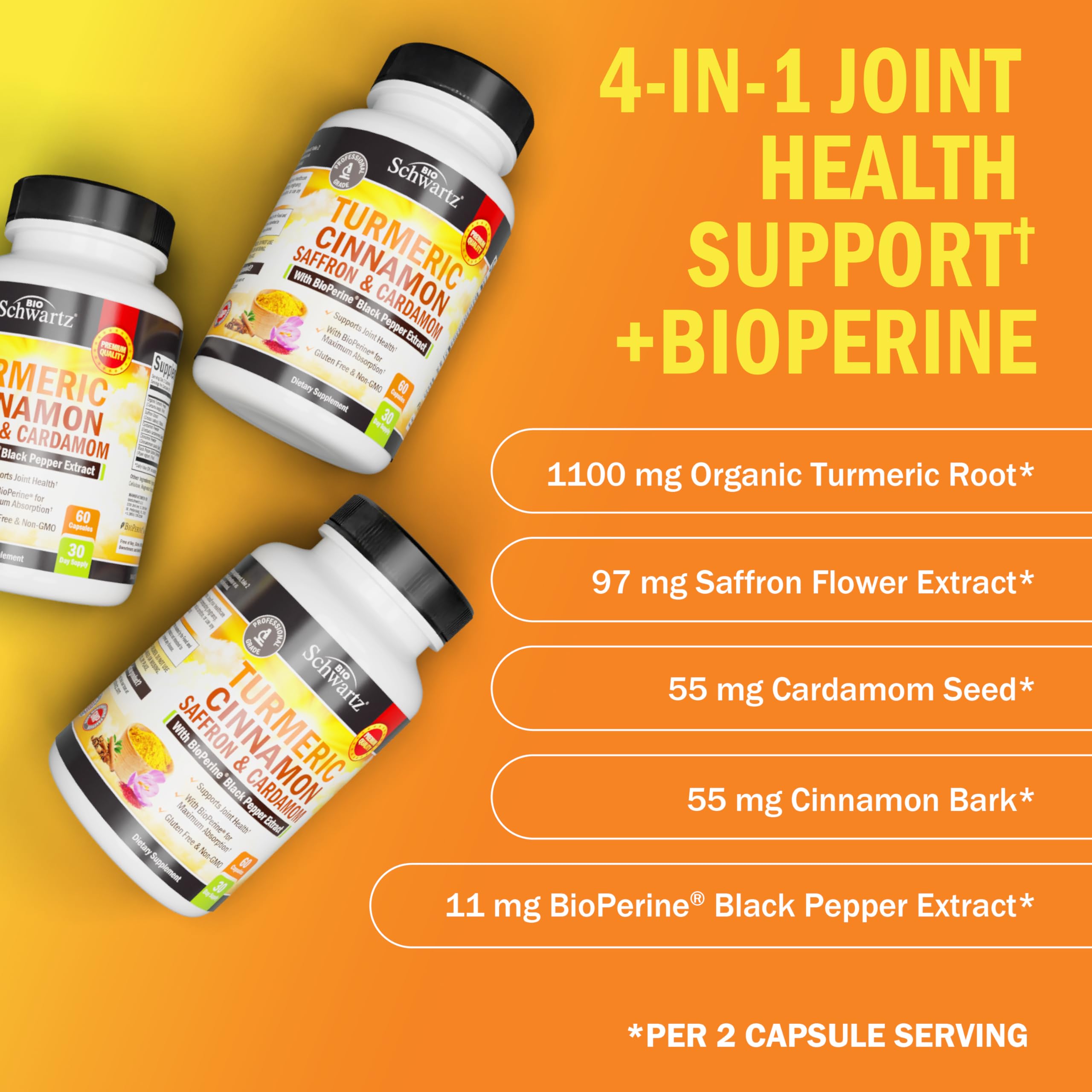 BioSchwartz Turmeric Curcumin Cinnamon Saffron Cardamom bottle with measuring spoon