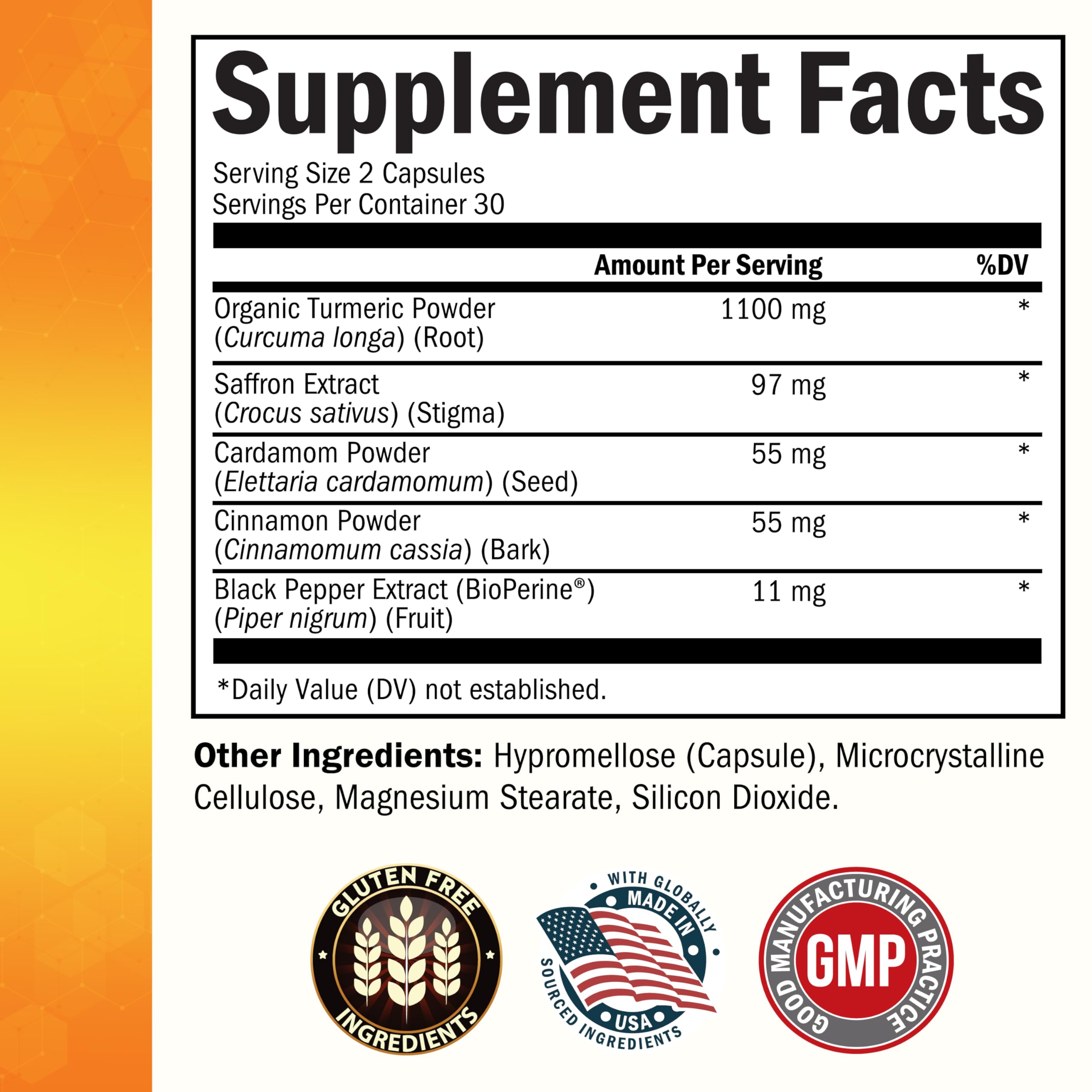 BioSchwartz Turmeric Curcumin Cinnamon Saffron Cardamom capsules close-up