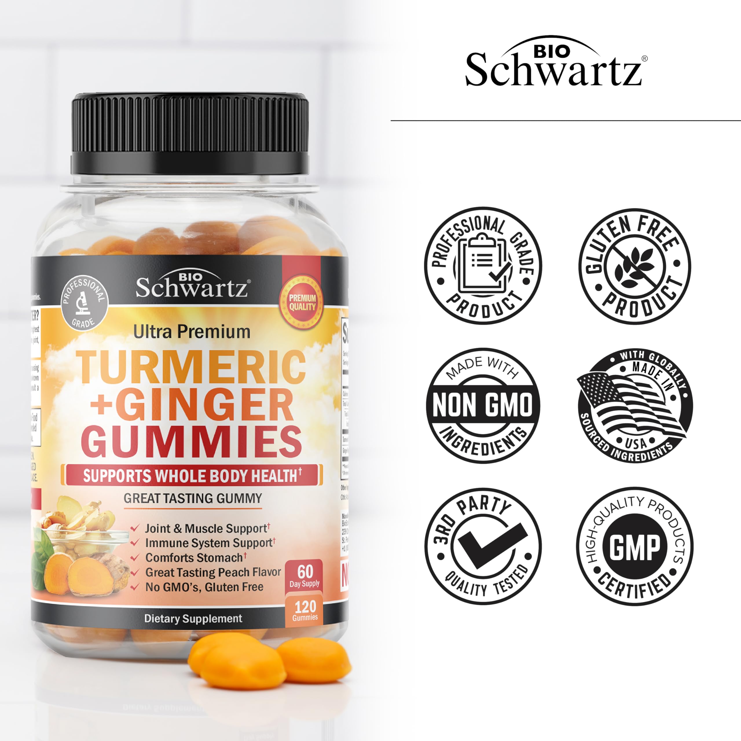 BioSchwartz Turmeric Curcumin & Ginger Gummies on a wooden table