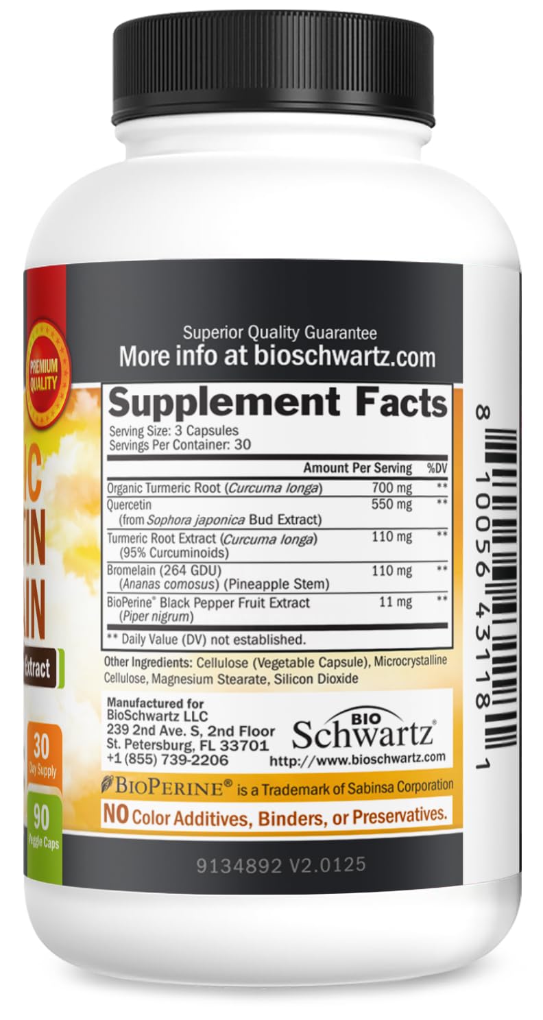 BioSchwartz Turmeric Curcumin Quercetin Bromelain bottle on a wooden table