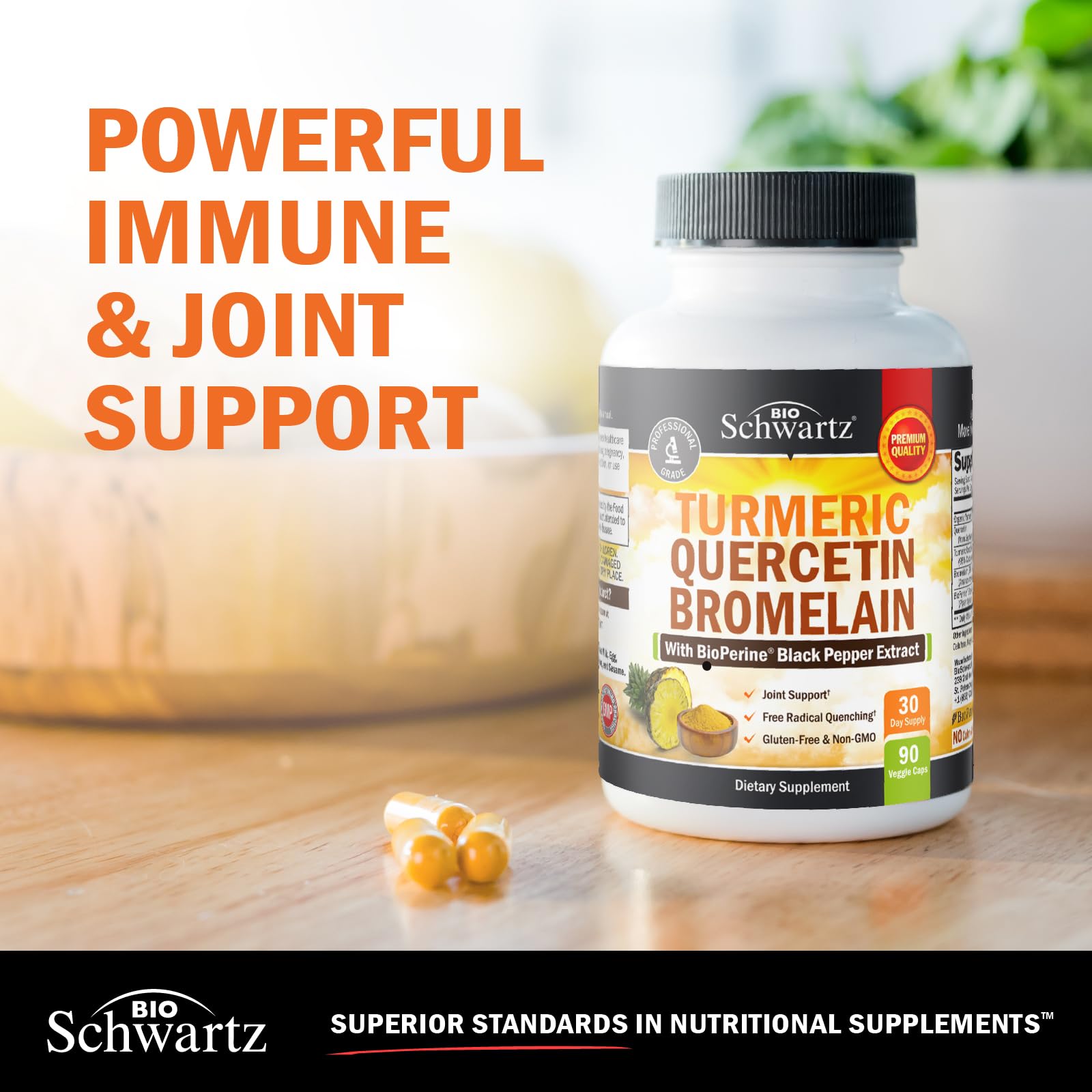 BioSchwartz Turmeric Curcumin Quercetin Bromelain bottle with measuring spoon