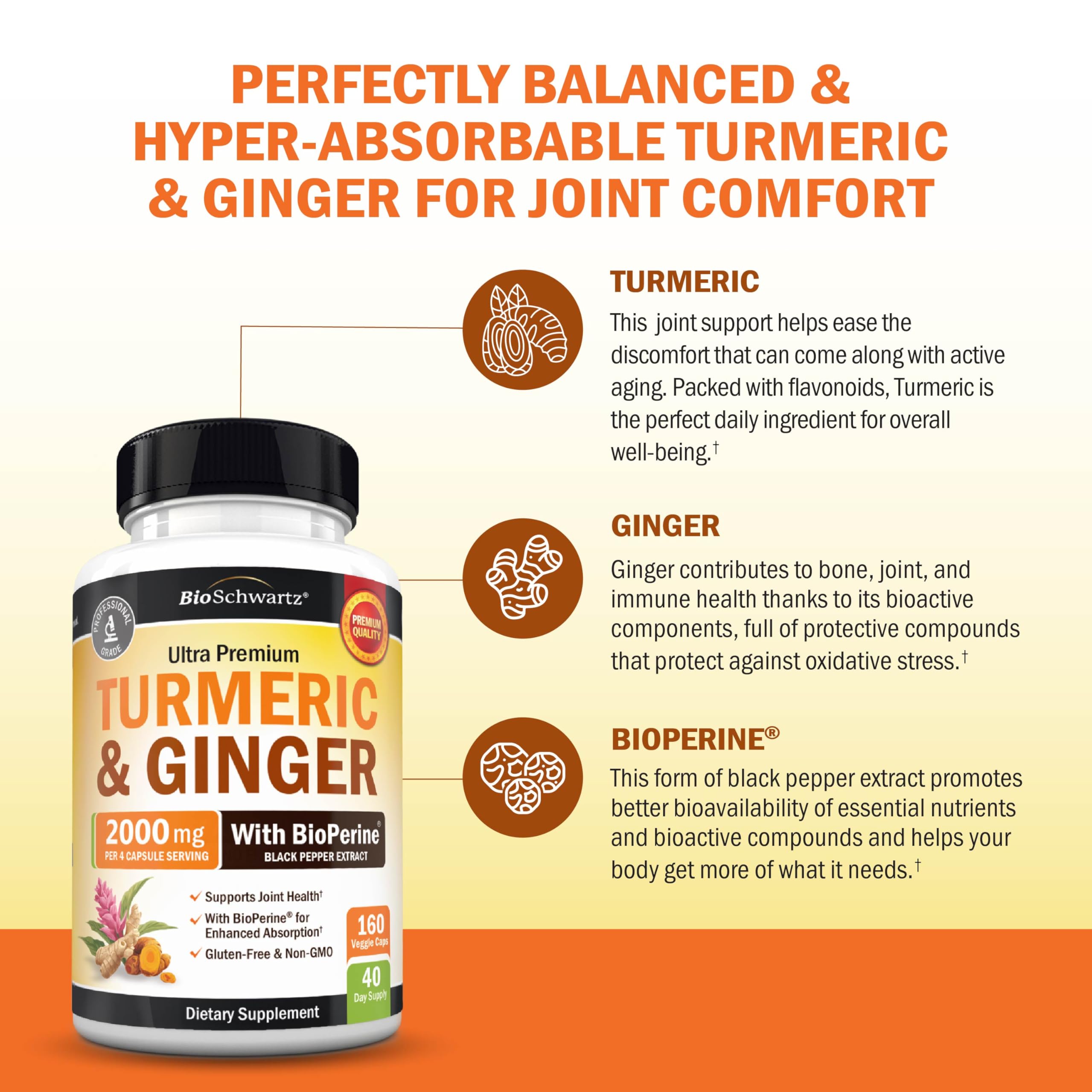 BioSchwartz Turmeric Ginger Supplement Capsules on a wooden table