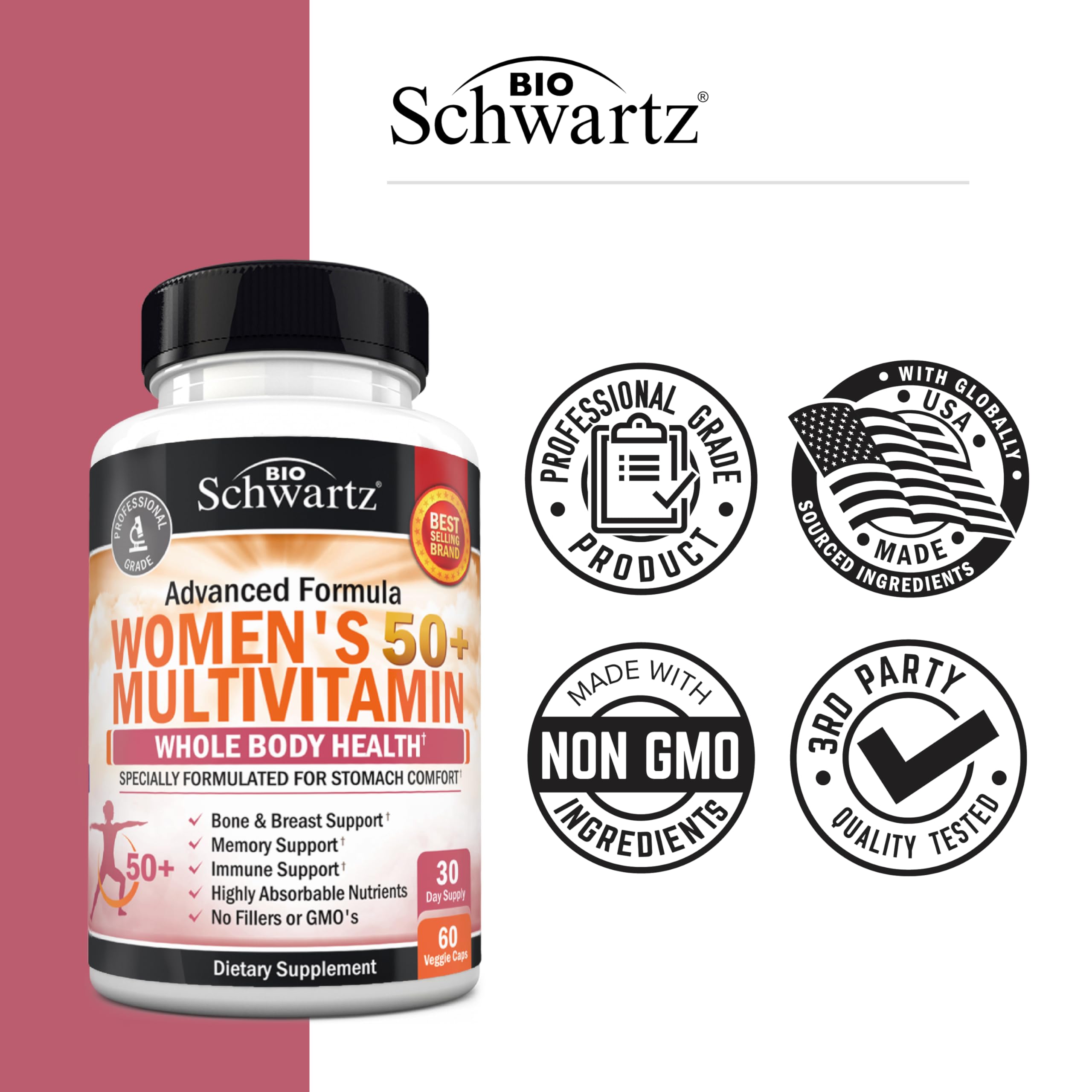BioSchwartz Women's Multivitamin 50+ 60 Capsules with a glass of water