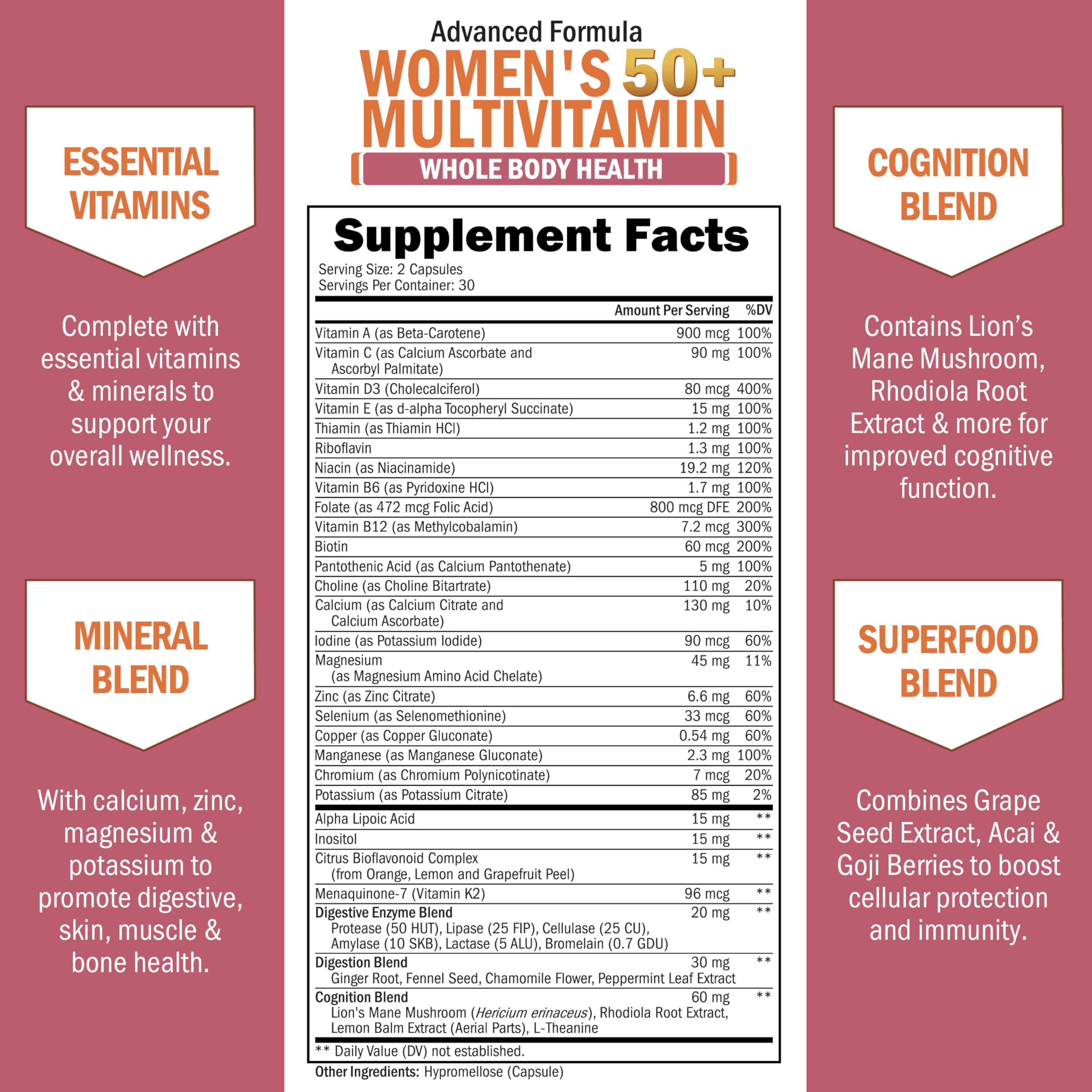 BioSchwartz Women's Multivitamin 50+ 60 Capsules with dosage details