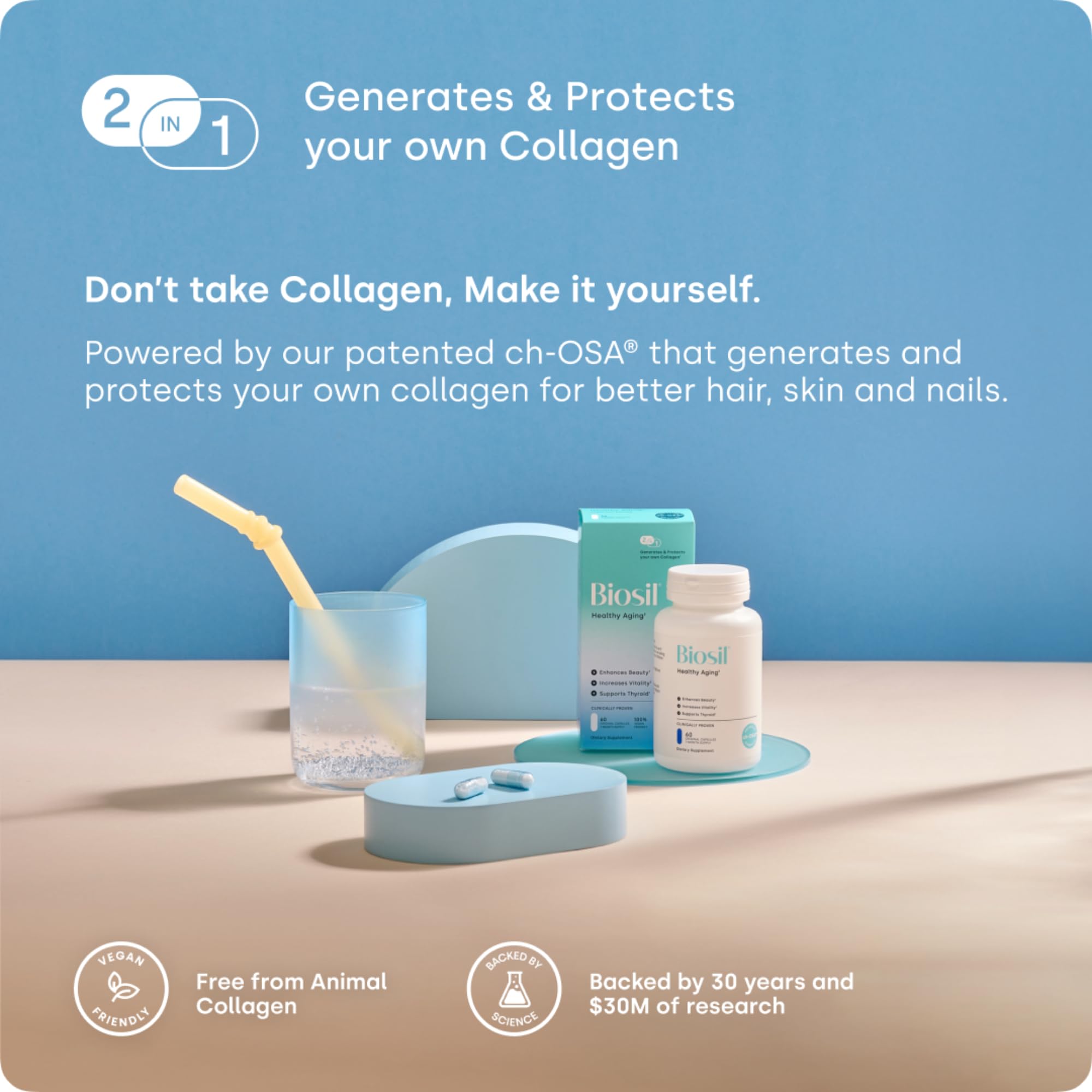 Biosil Collagen Generator 77g lifestyle scene with supplements