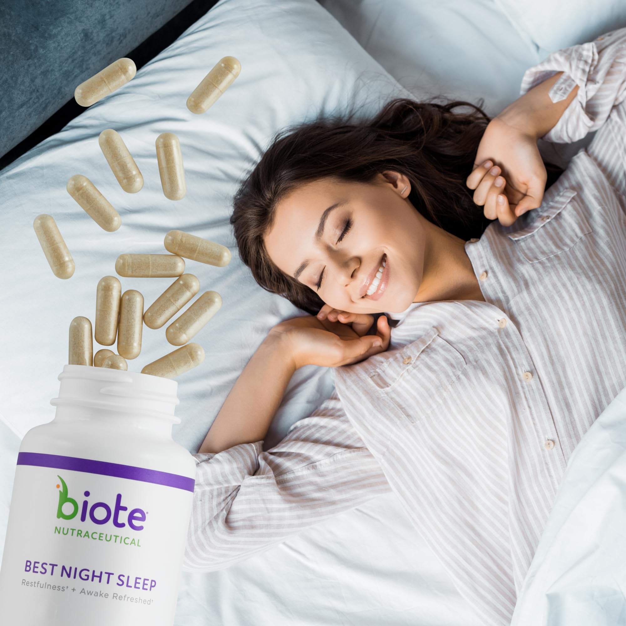 Biote Sleep Supplement displayed with a glass of water