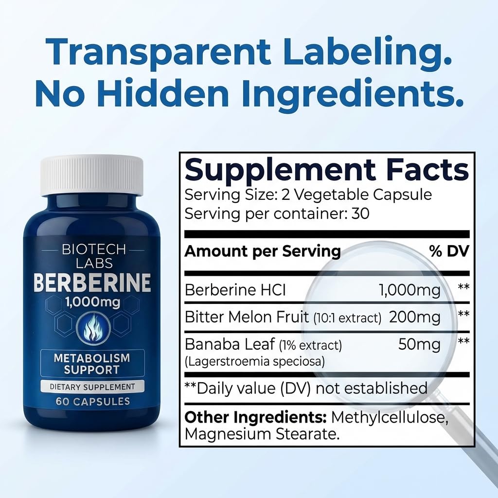 Biotech Labs Berberine 1000mg capsules on a wooden table