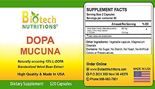 Biotech Nutritions Dopa Mucuna 120 Vegetable Capsules packaging side view