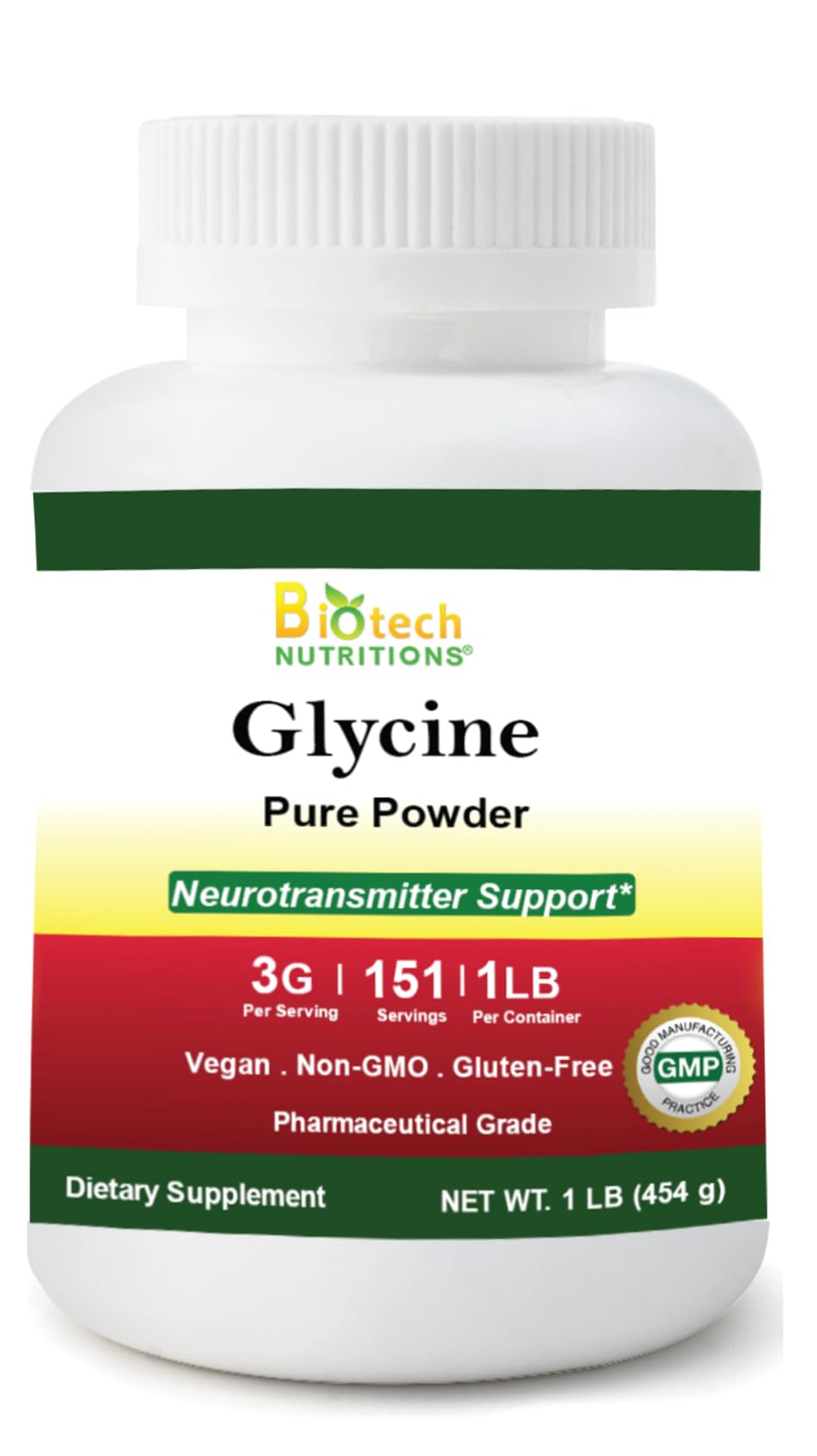 Biotech Nutritions Pure Glycine Powder 495g packaging front view